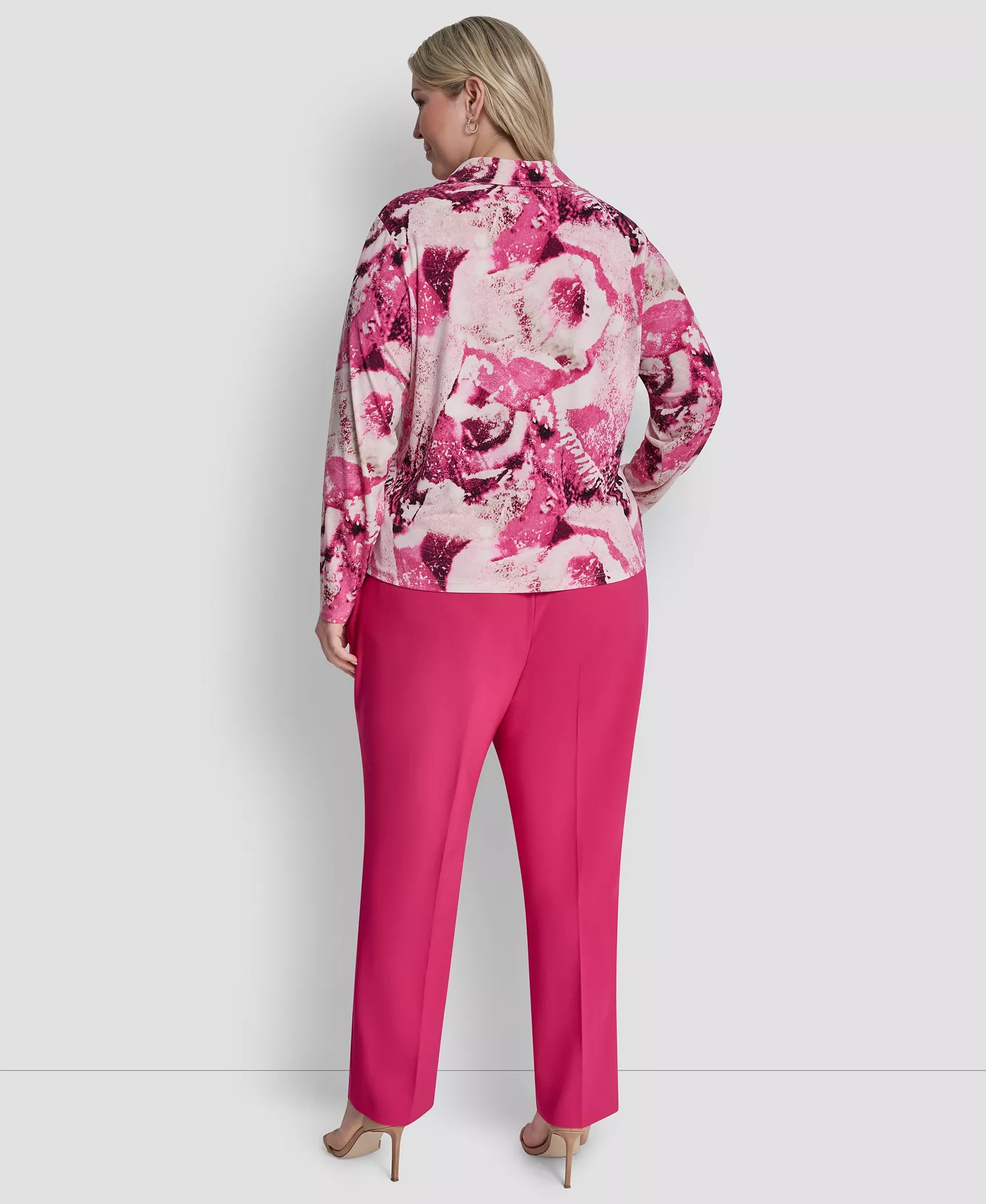 Plus Size Collared Long-Sleeve Top - Hot Pink/Pebble Multi - 1X