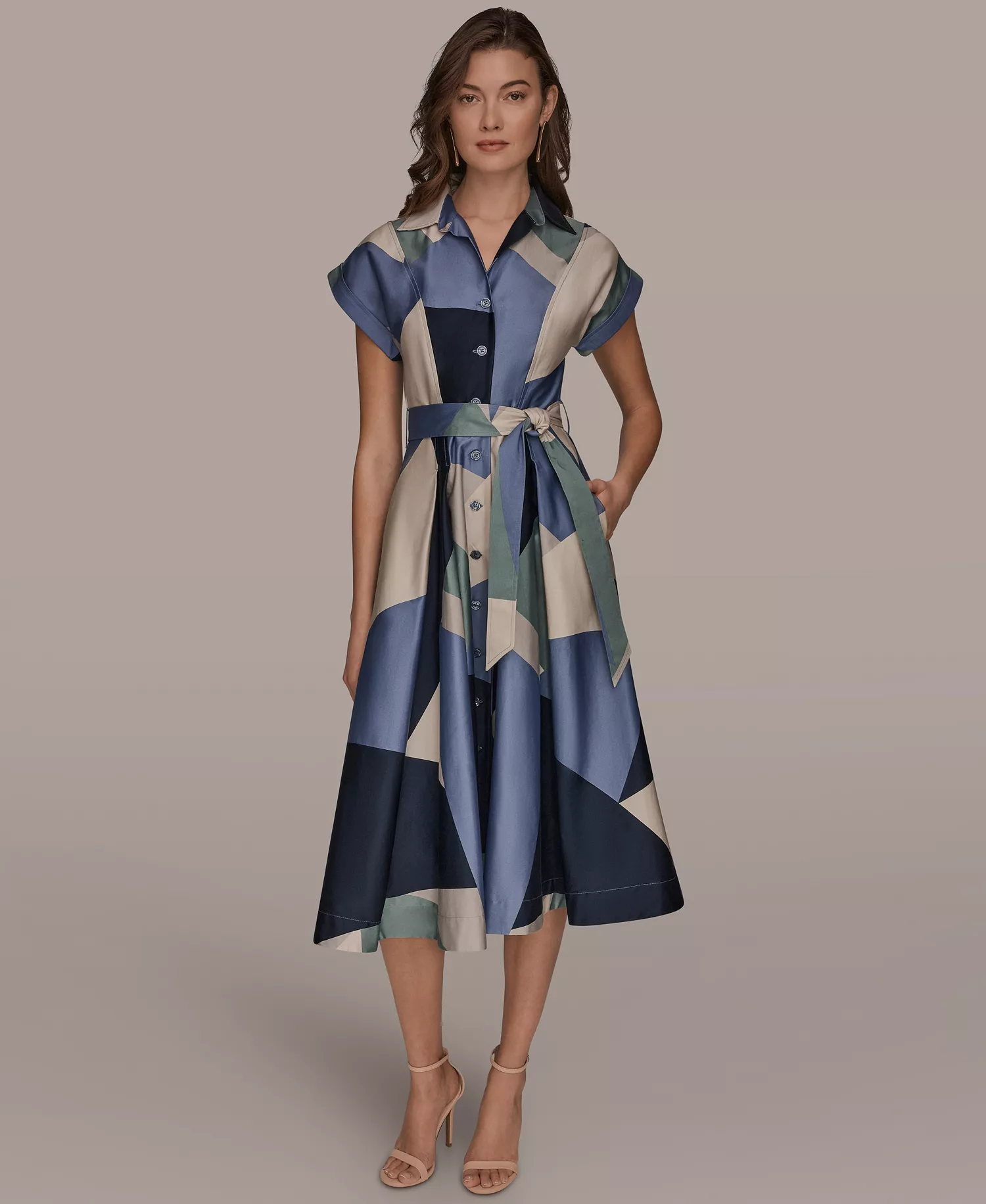 Women's Cap-Sleeve Spread Collar Geometric Colorblock Midi Shirt Dress - Tempest Multi - 10