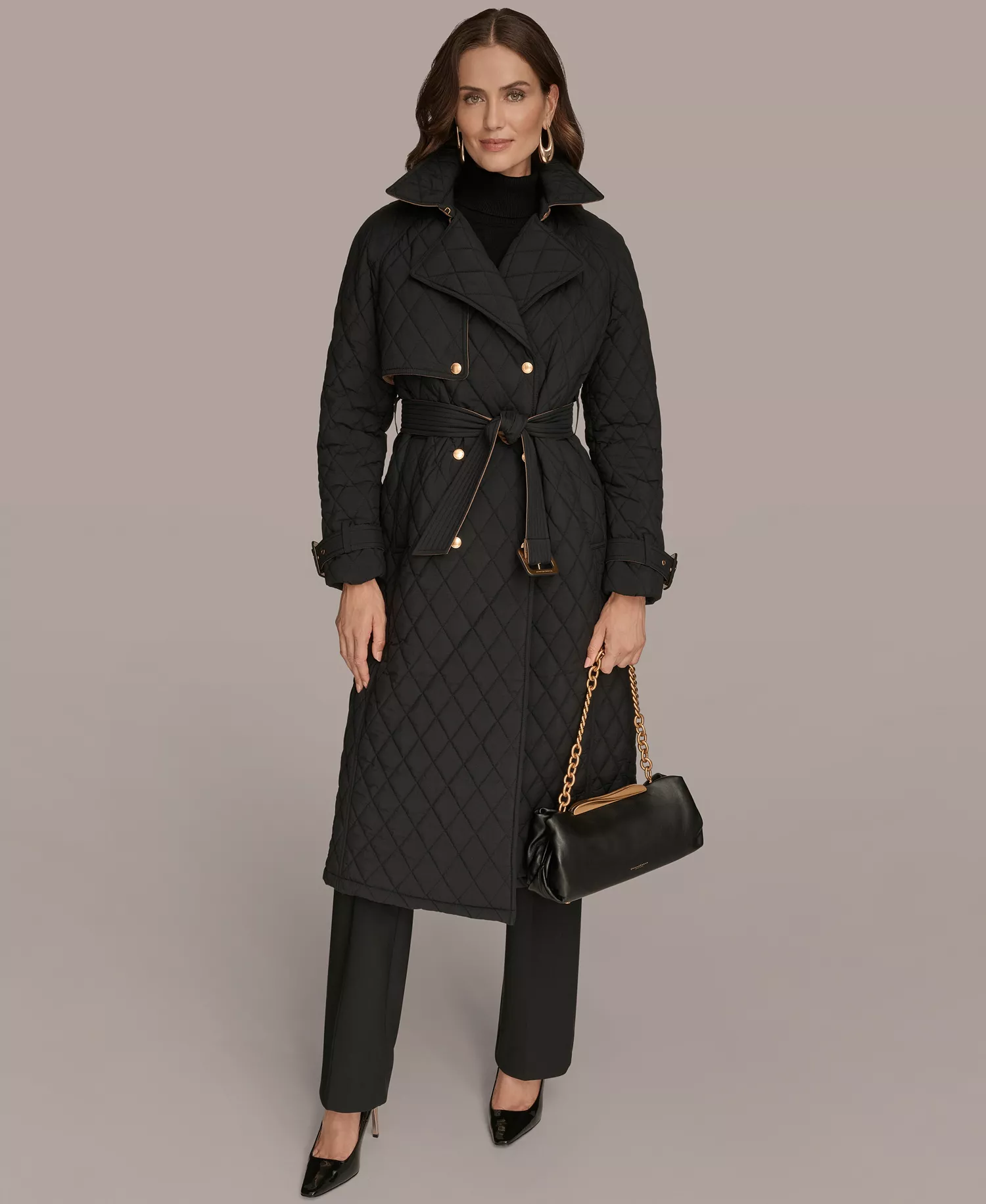 Women's Belted Maxi Quilted Coat - Black - M