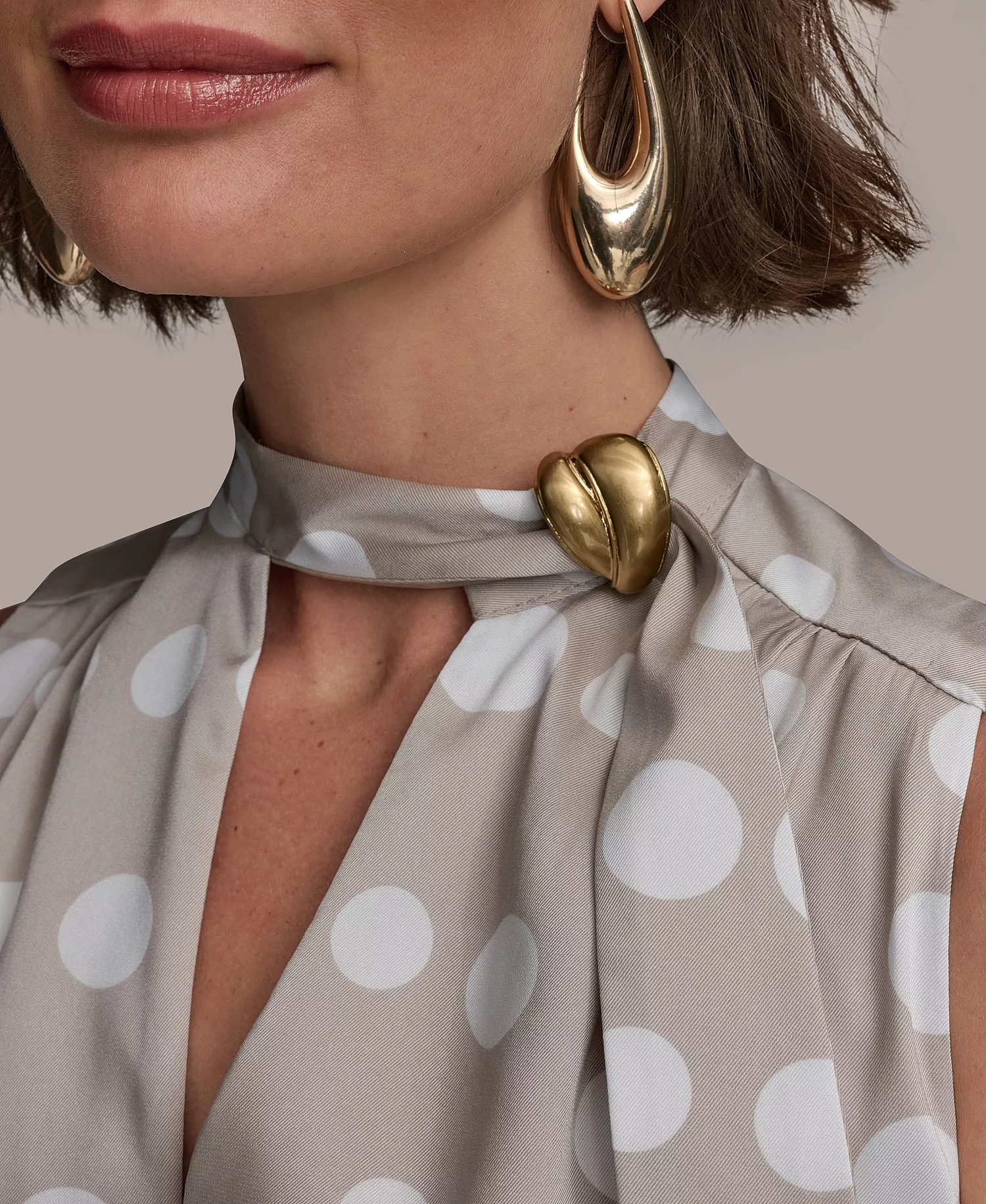 Women's Dot-Print Tie-Neck A-Line Dress - Clay Cream - 10