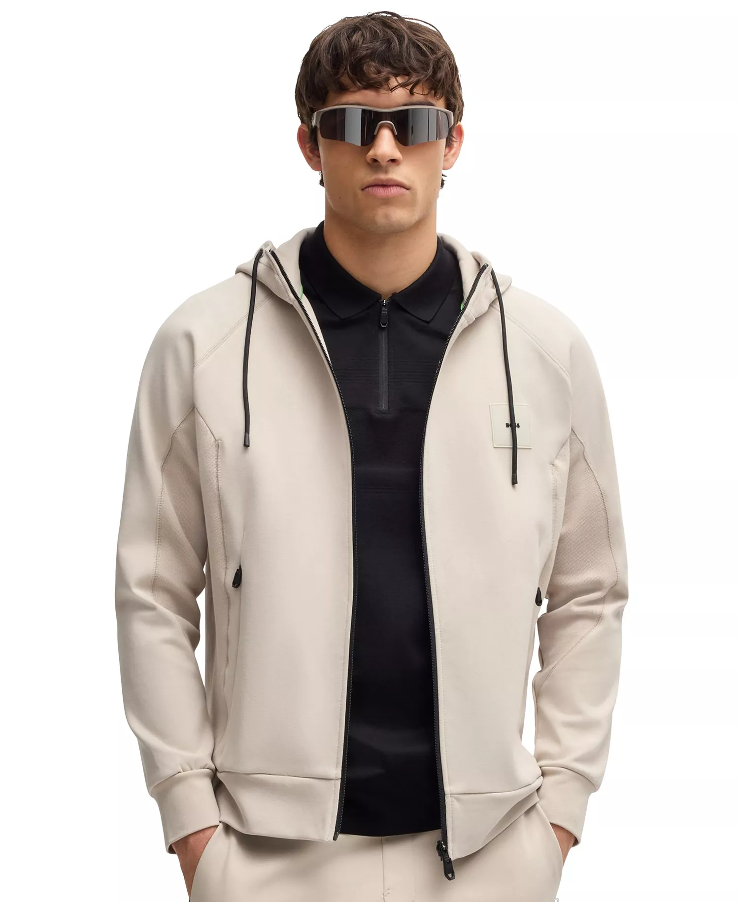 Men's Cotton-Blend Zip-Up Hoodie - Open Beige - XXXL