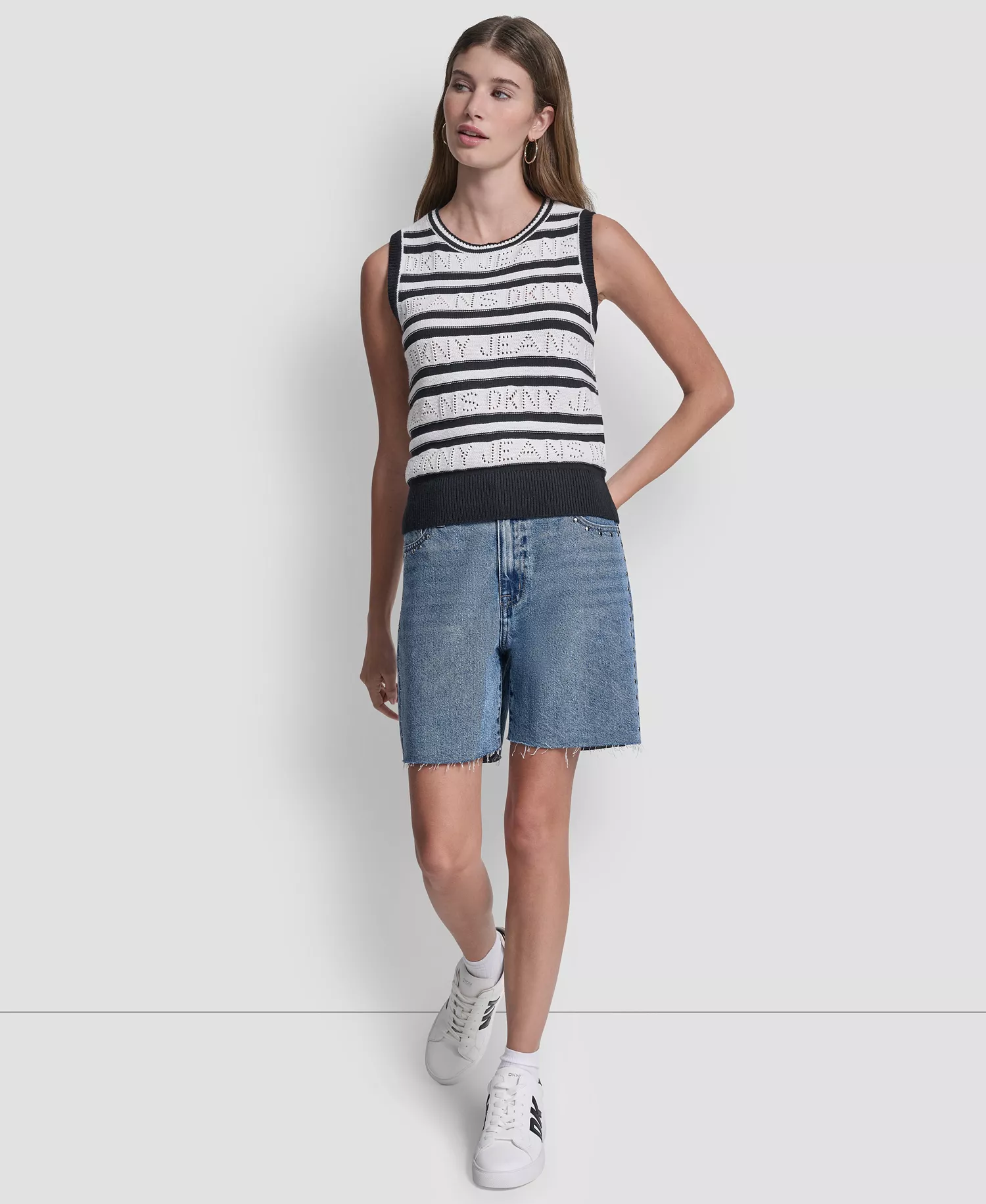 Women's Sleeveless Logo Pointelle Striped Sweater - Ivory/black - L