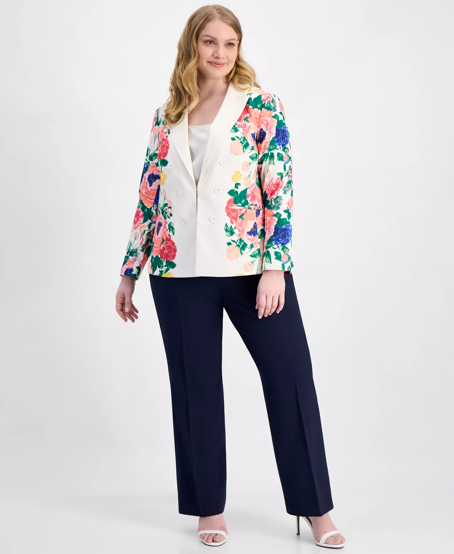 Plus Size Printed Faux Double-Breasted Blazer  - Ivory Multi - 14W