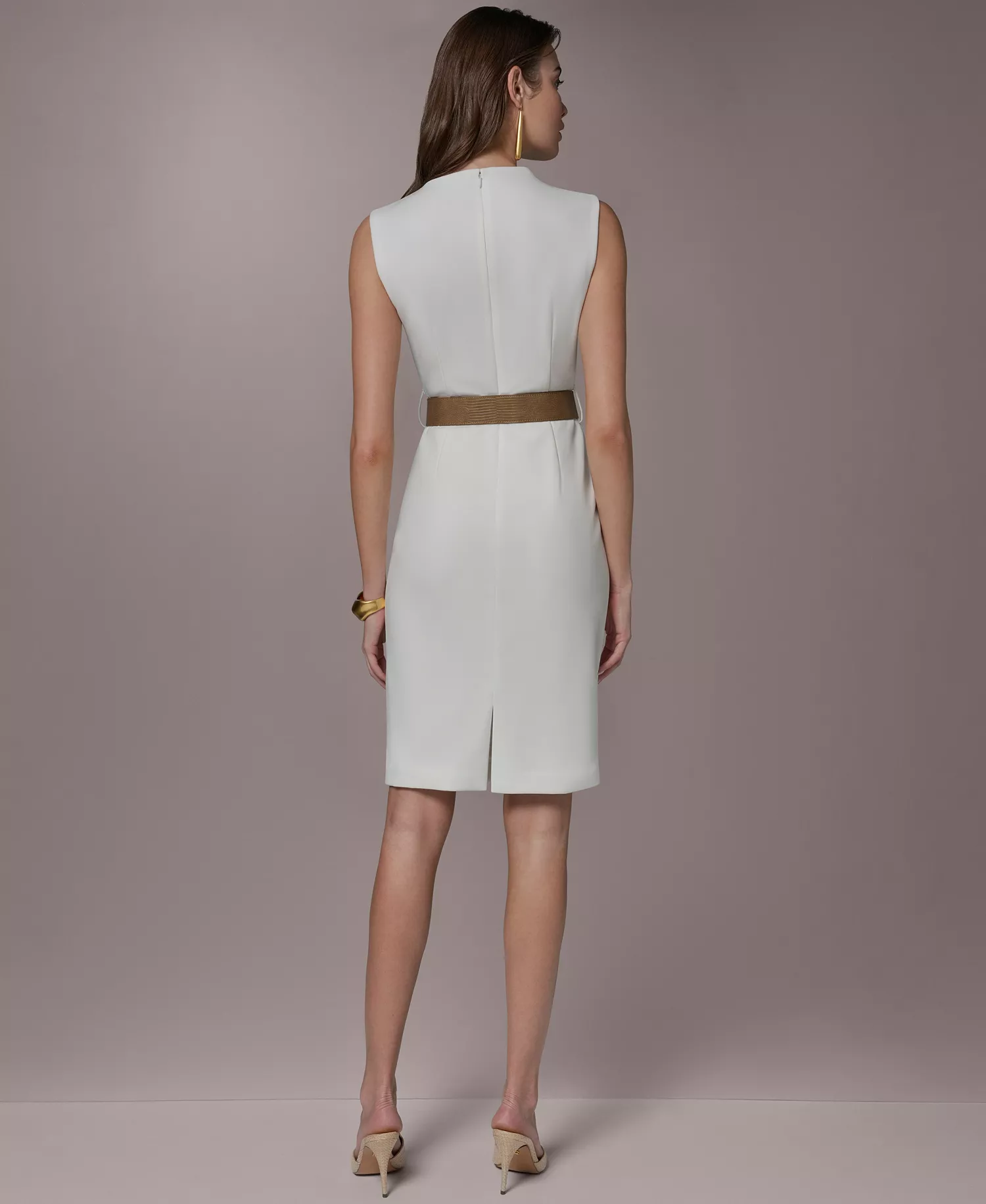 Women's Mock Neck Belted Sheath Dress - Cream - 10