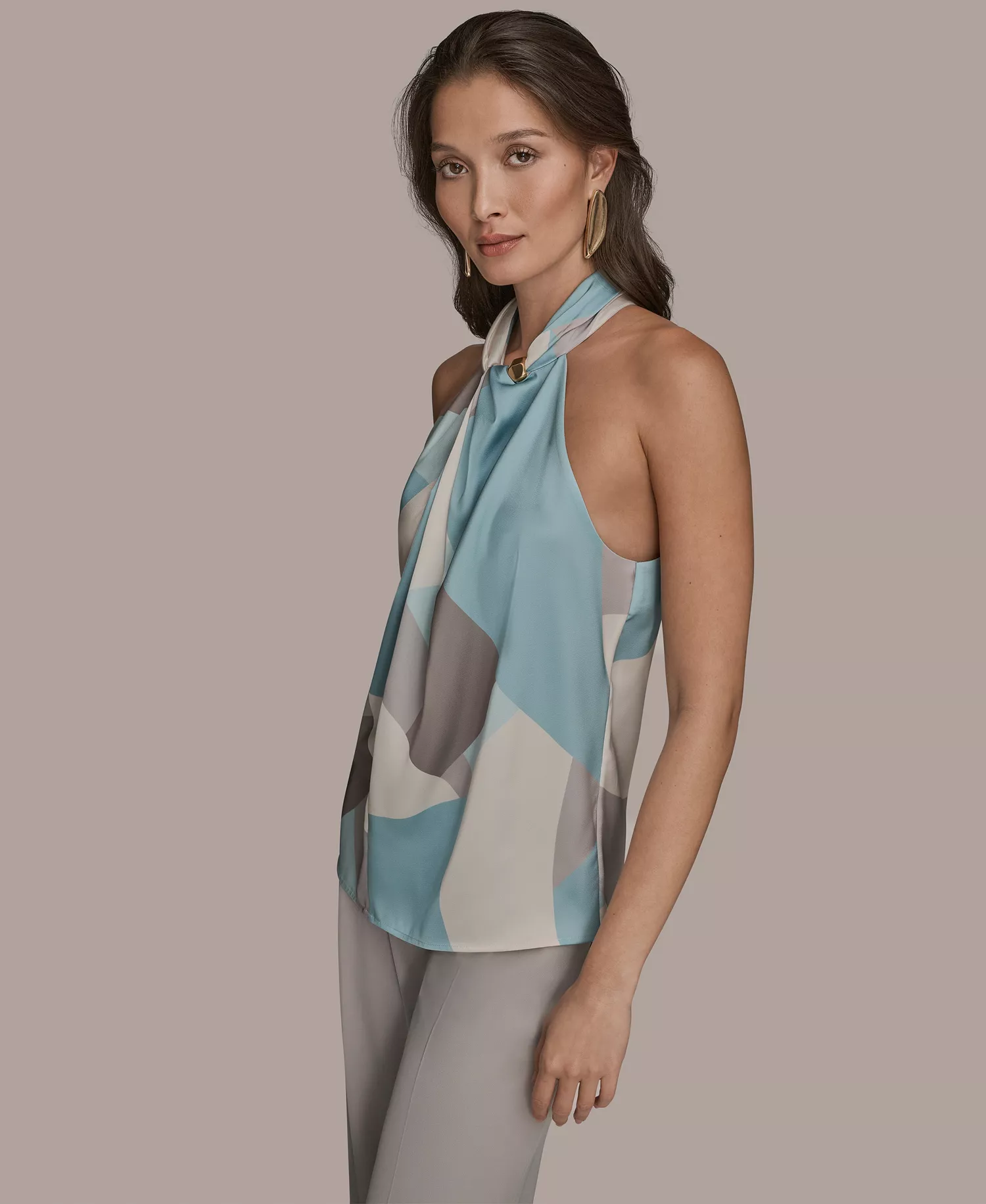 Women's Printed Twist Halter Neck Top - Haze Multi - L