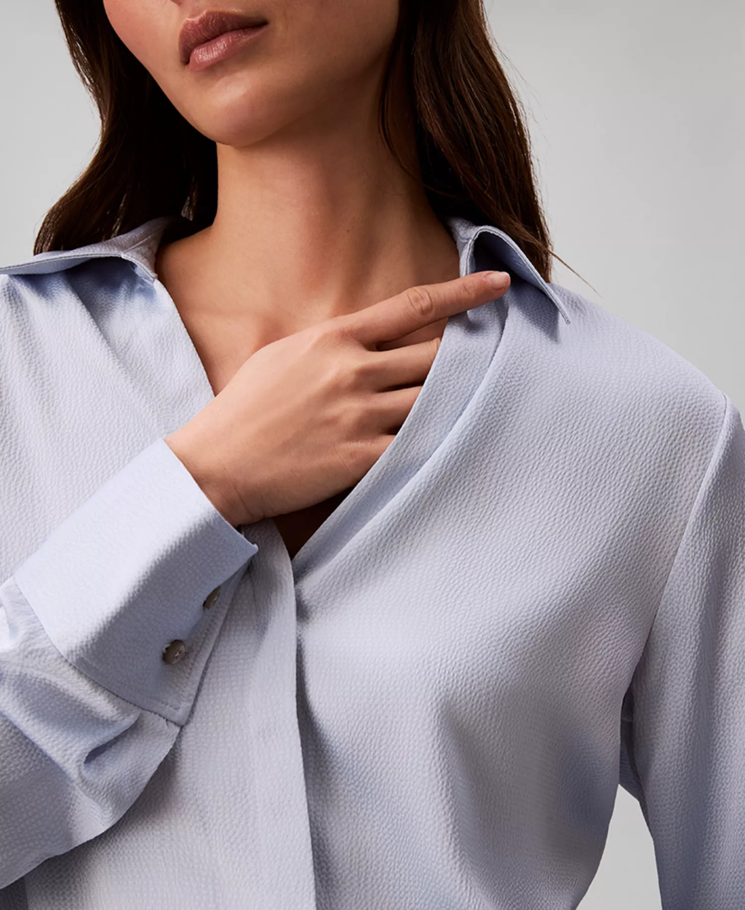 Women's Hammered Fitted Collared Shirt and Hammered Pull-On Pants - Breezy Blue - L