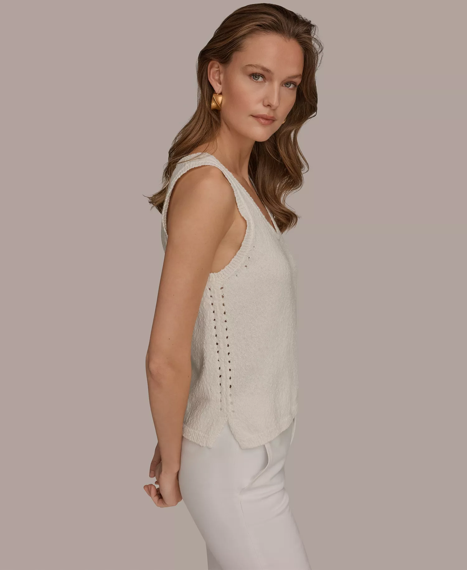 Women's Scoop Neck Pointelle Stitched Tank Sweater - Cream - L