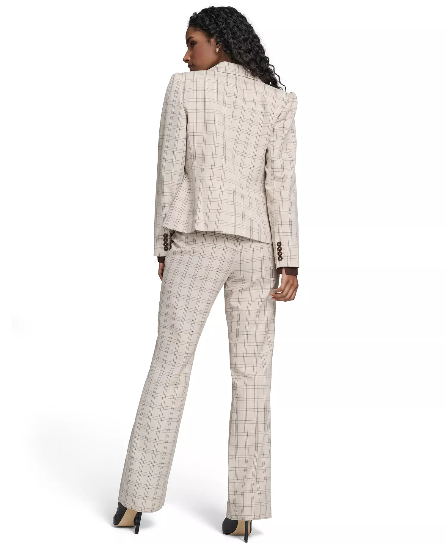 Women's Plaid One Button Blazer Jacket, Plaid Bootcut Trousers and Clip Dot Pleated Bib Pull-On Top - Latte Multi - 0