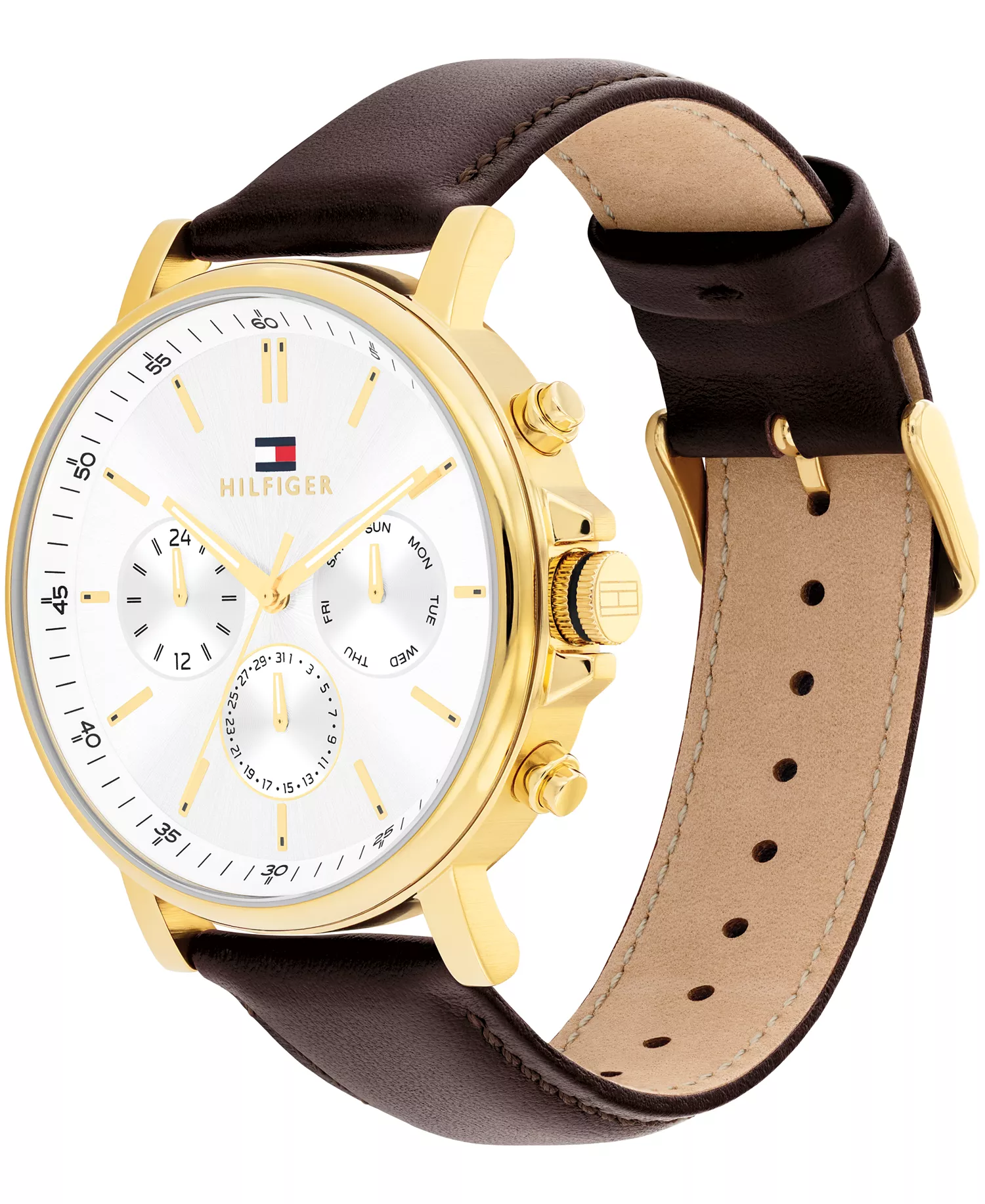 Men's Multifunction Brown Leather Strap Watch, 43mm - White - 43