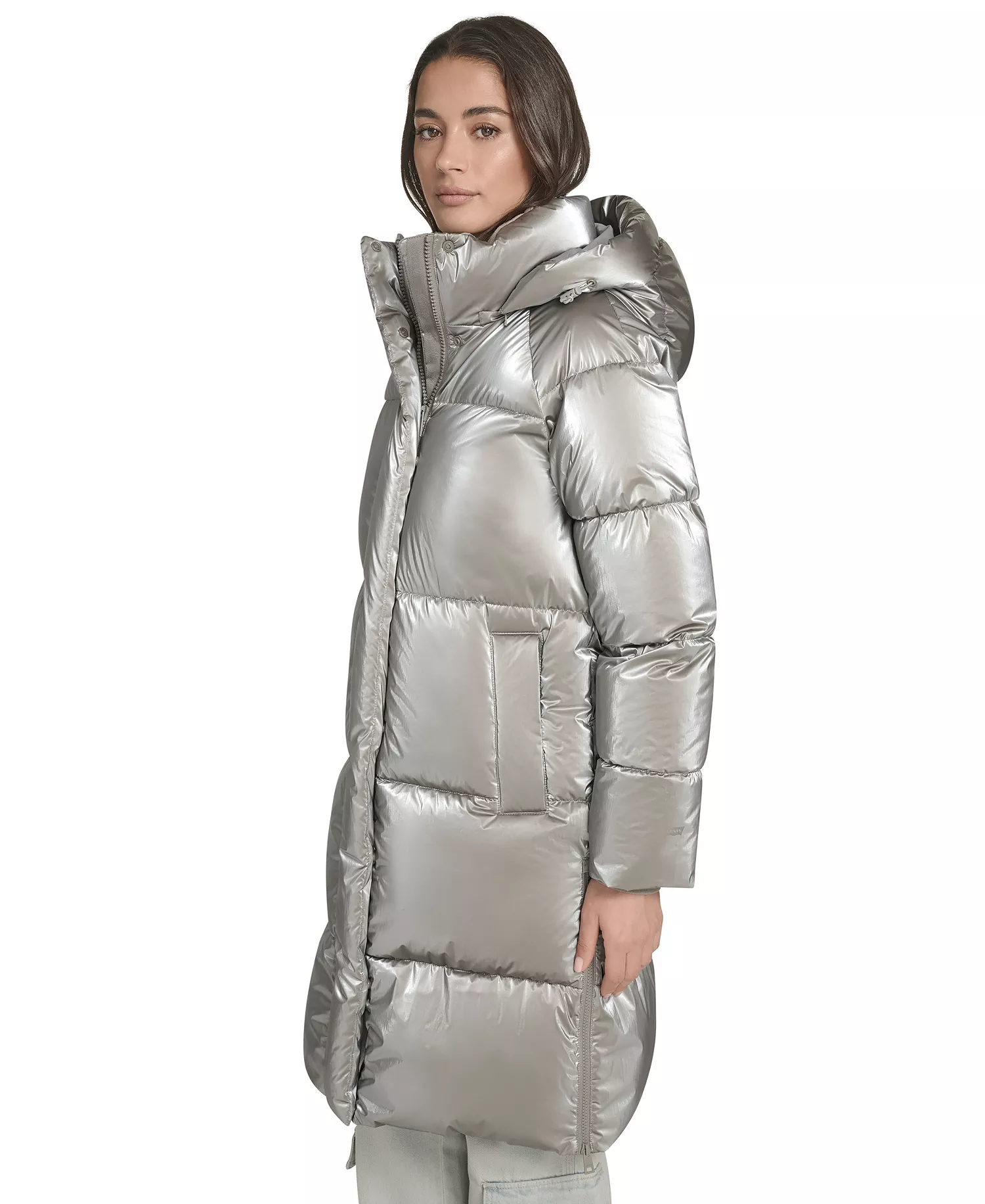 Women's Regular Long Puffer Jacket - Silver - L