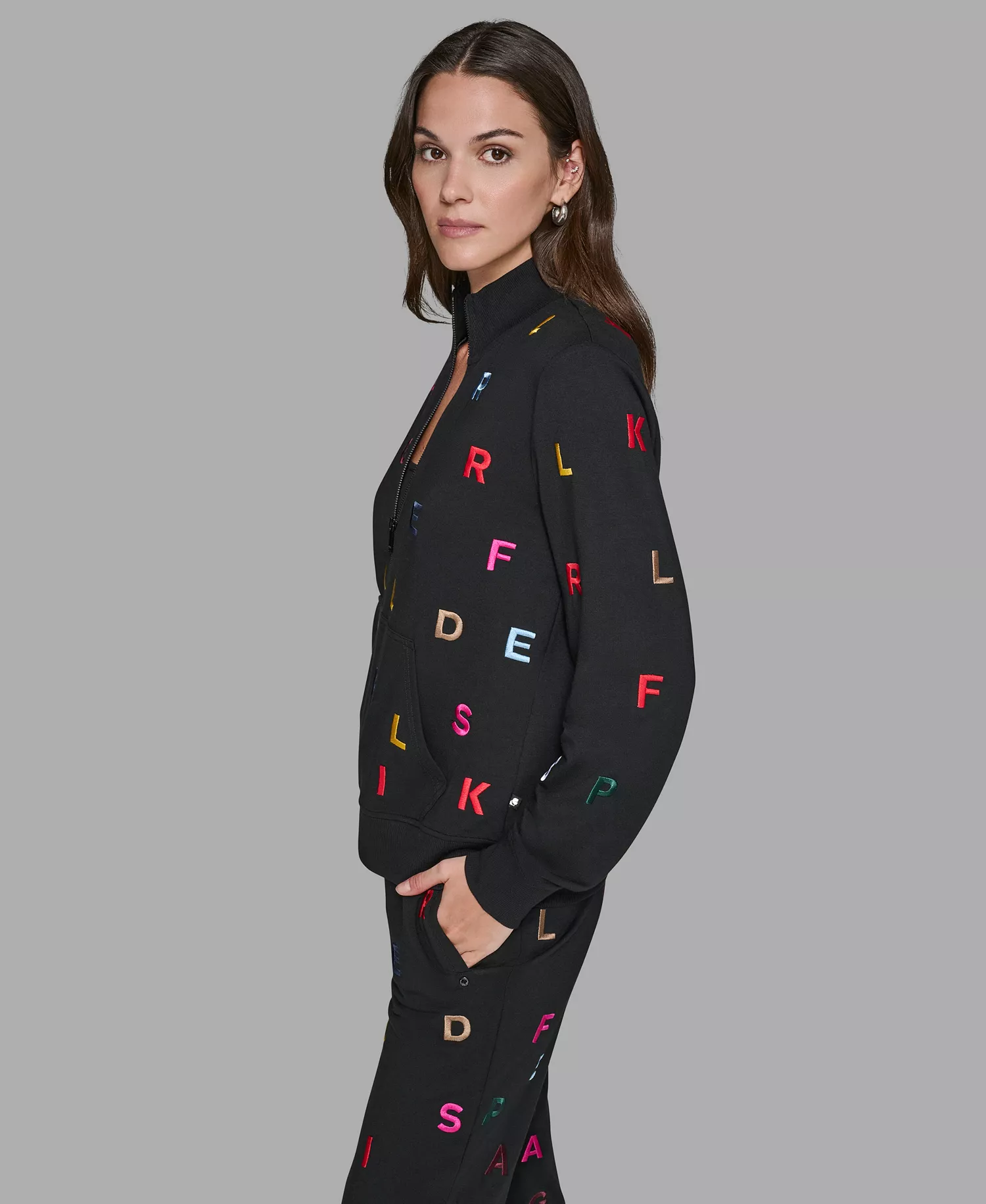 Women's Mock Neck Front Zipper Jacket - Black multi - S