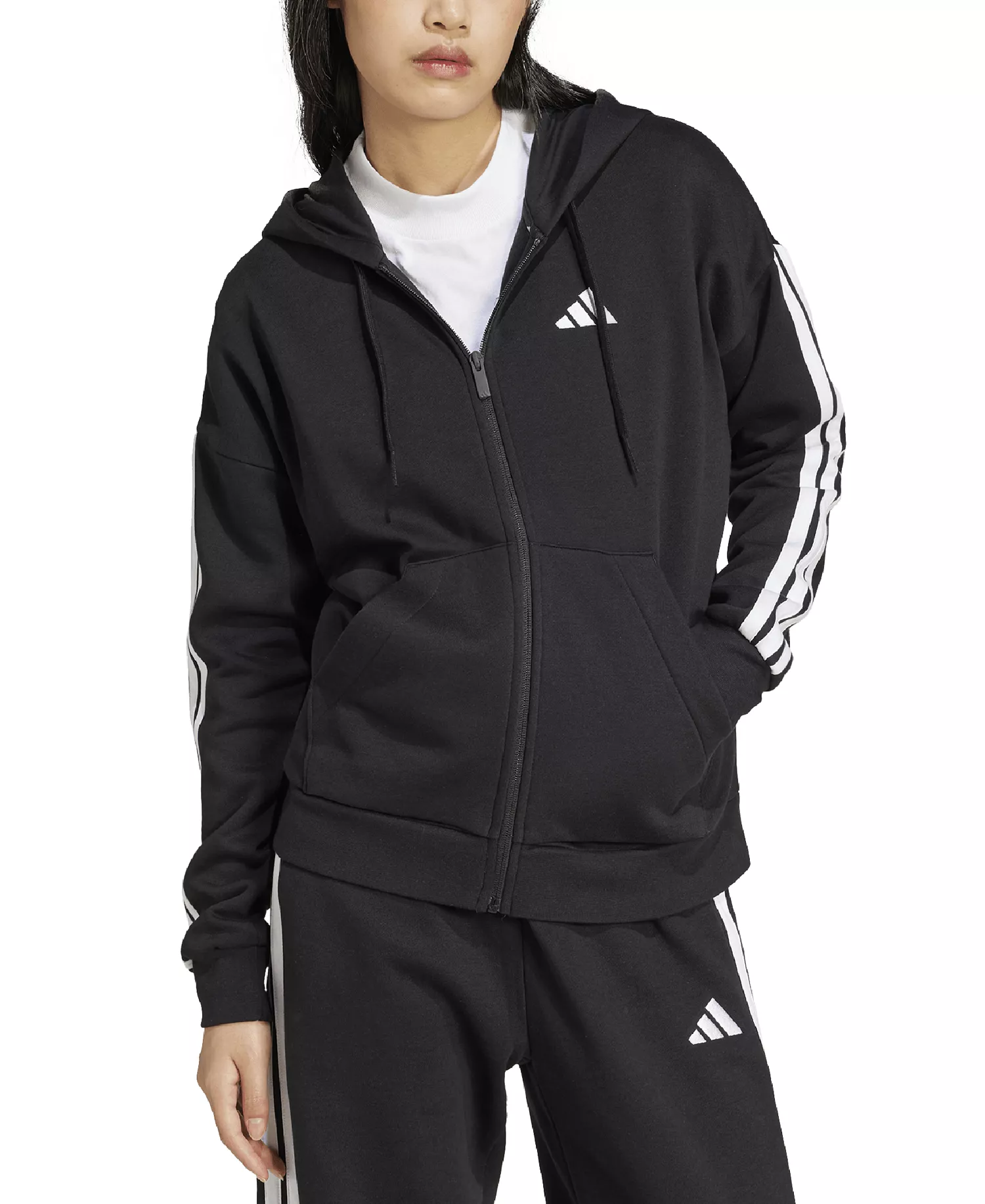 Women's 3-Stripe Fleece Full Zip Hoodie - Black/white - L