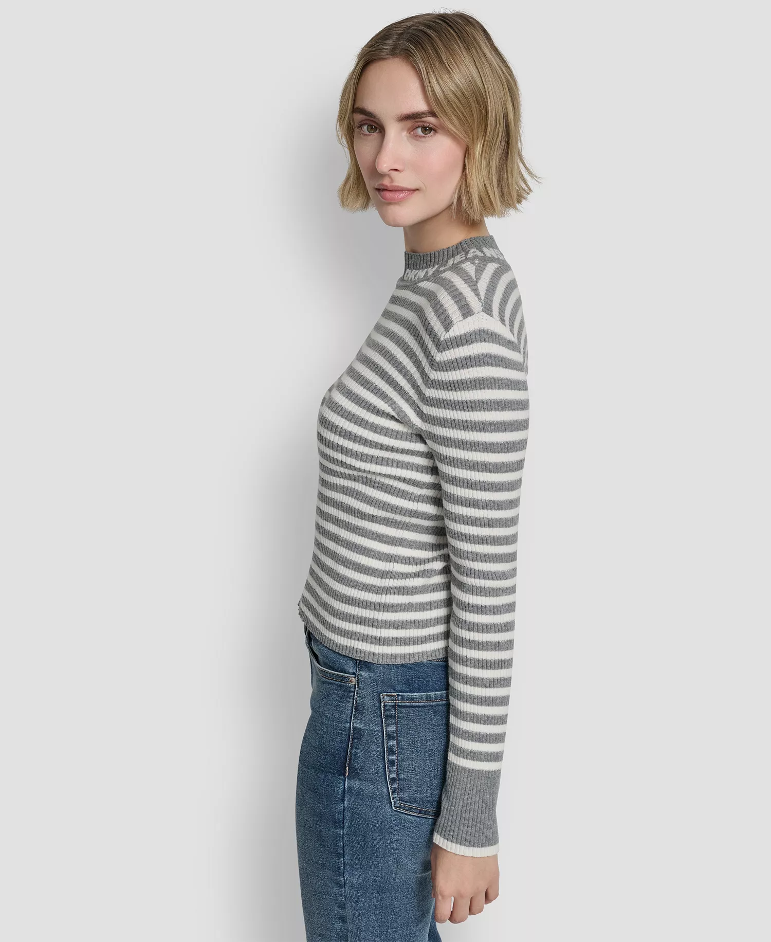 Women's Long-Sleeve Mock Neck Rib Striped Sweater - Storm Grey Heather/Ivory/Silver - L