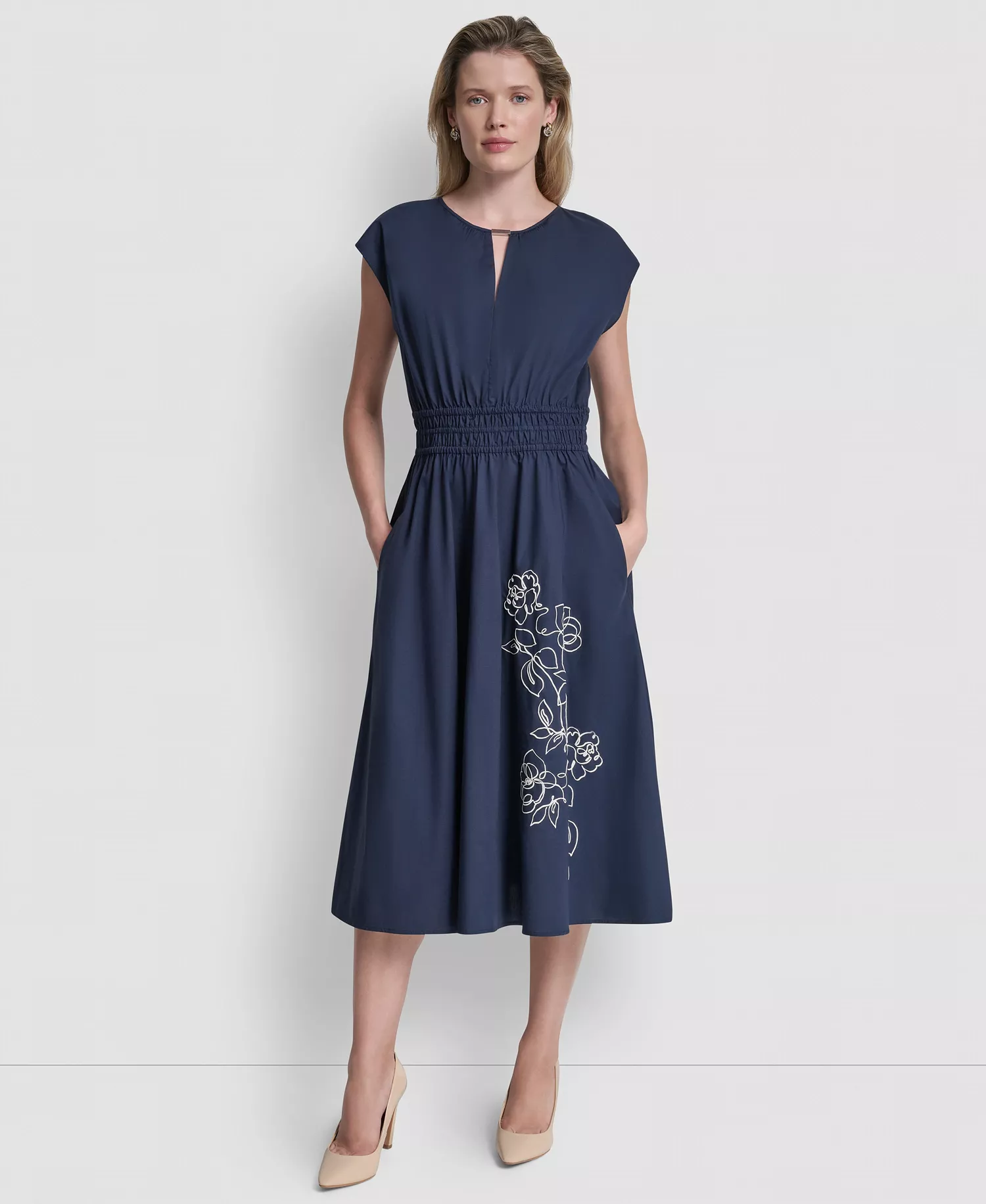 Women's Cap-Sleeve Jewel Neck Keyhole Midi Dress - Indigo - 10