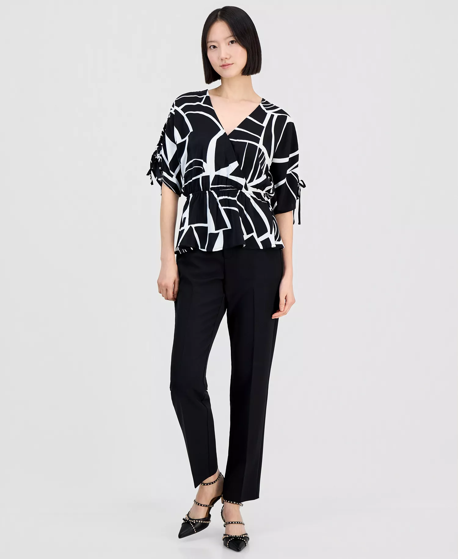 Women's Elbow Sleeve Printed Faux Wrap Top, Macy's Exclusive - Fae Geo Bl - L