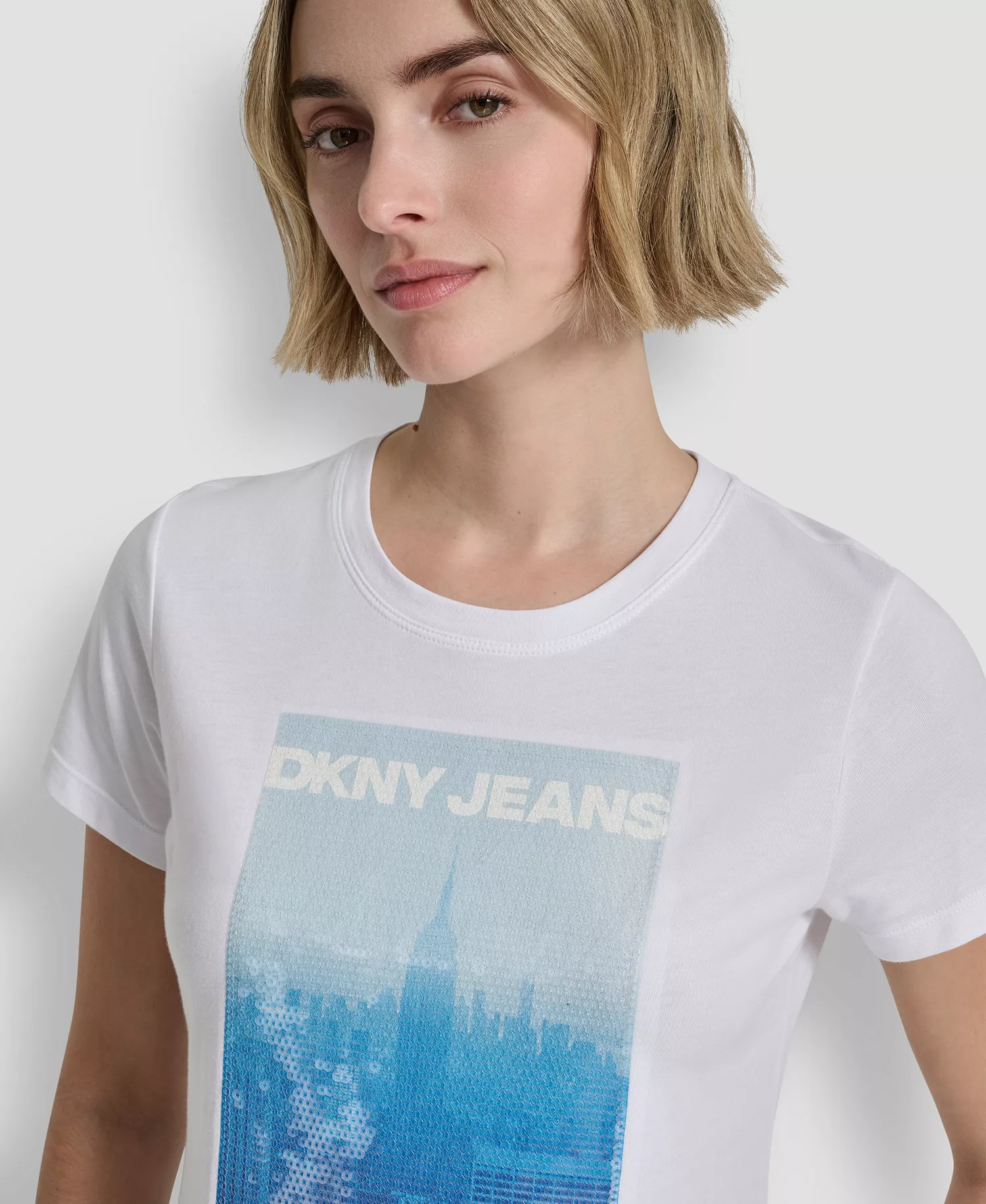 Women's Sequin Photoreal Logo Crewneck T-Shirt - White/clear Blue - L