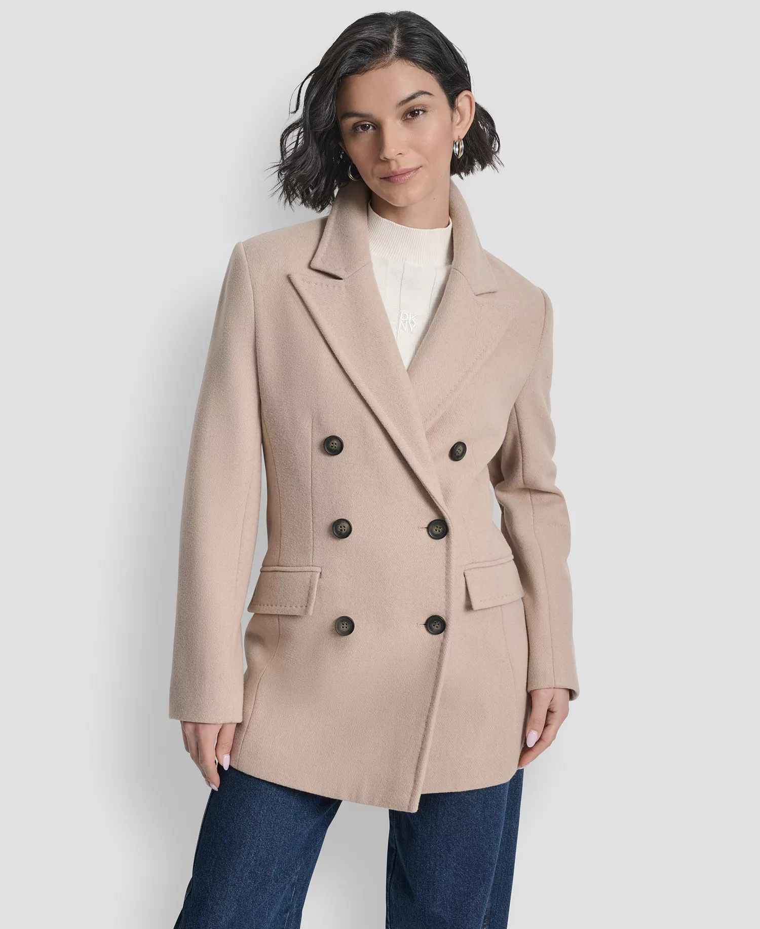 Women's Short Double-Breasted Belted Coat - Light Camel - L