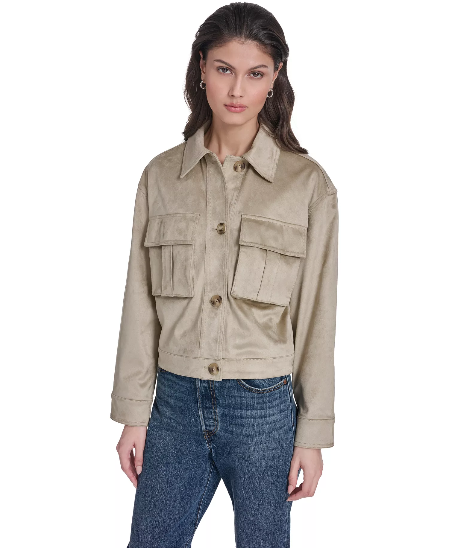 Women's Laydown Collar Front-Button Jacket - Beige - L