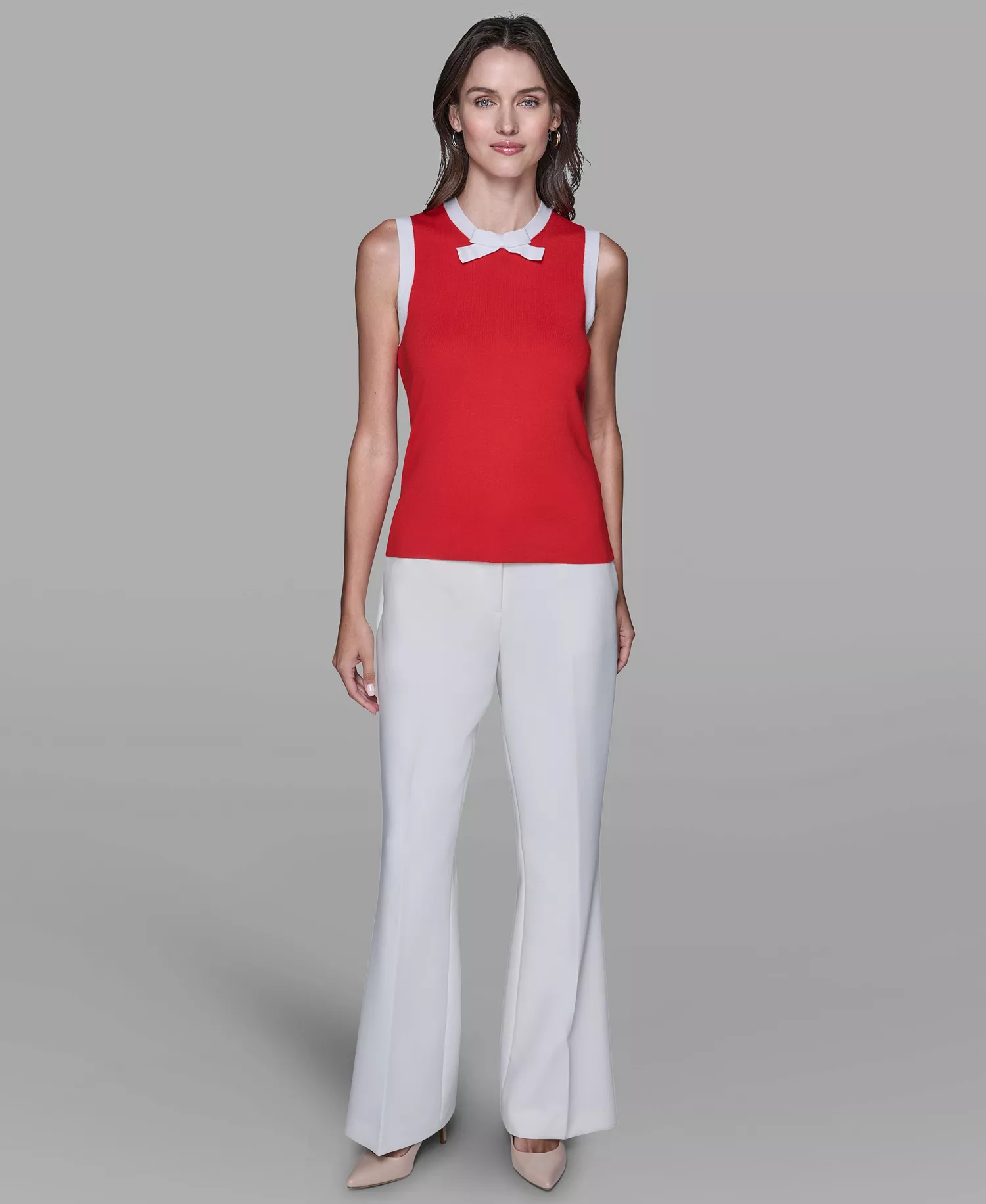 Women's Bow-Tie Sleeveless Sweater - Apple Red/Soft White - L