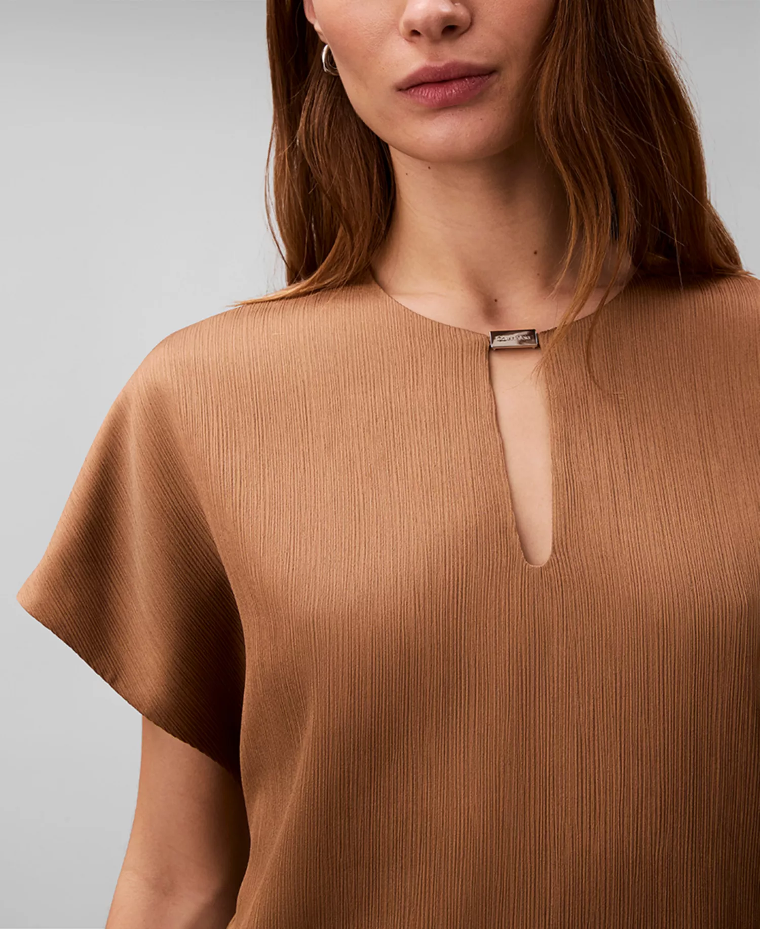 Women's Plisse Short-Sleeve Top - Executive Brown - L