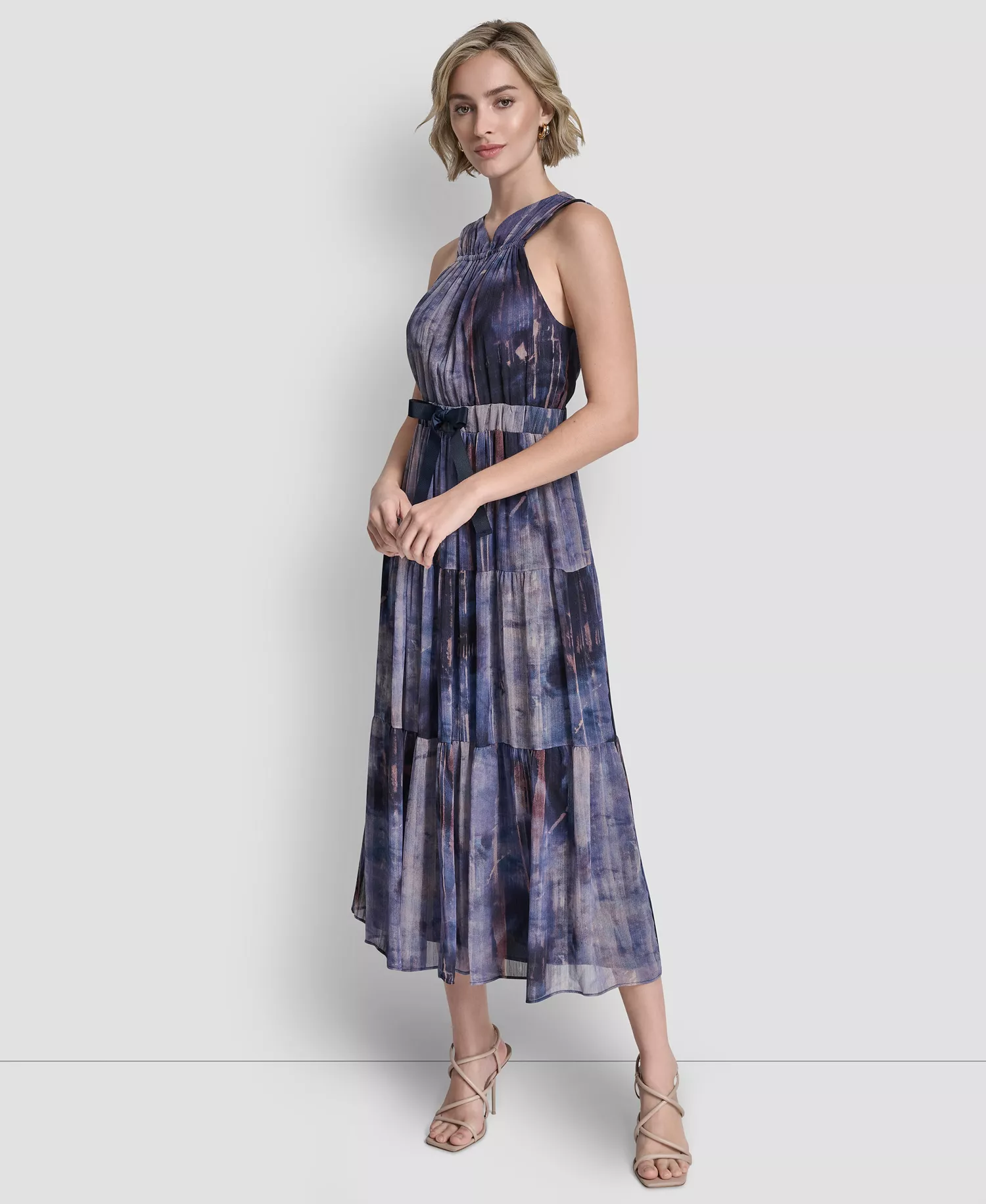 Women's V-Neck Sleeveless Tie Waist Dress - Hudson Lights - L