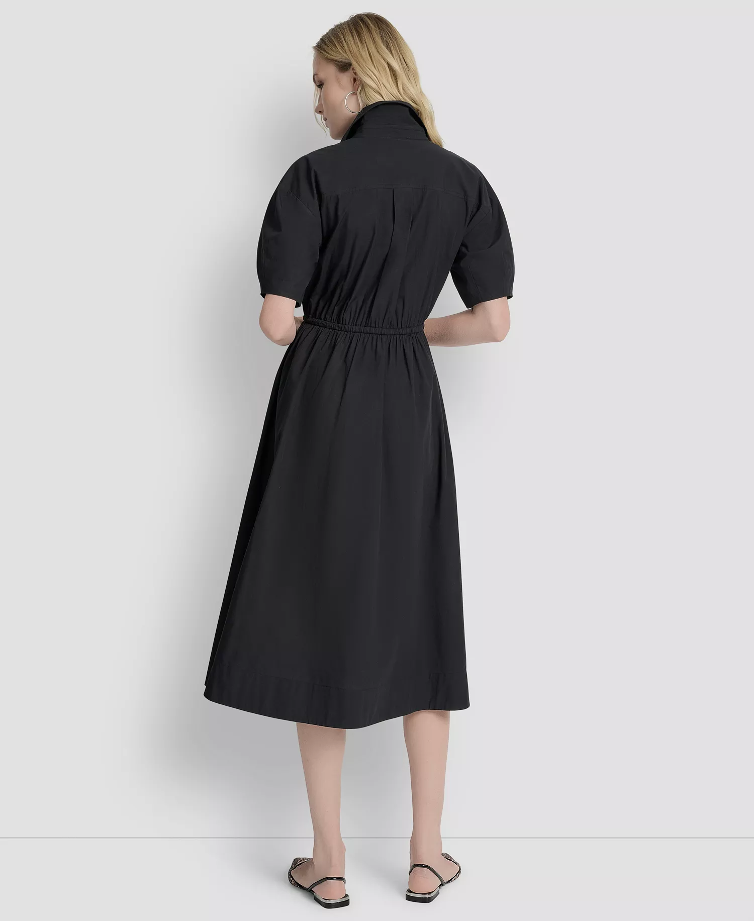 Women's Short-Sleeve Collar Zip Neck Midi Dress - Black - 10