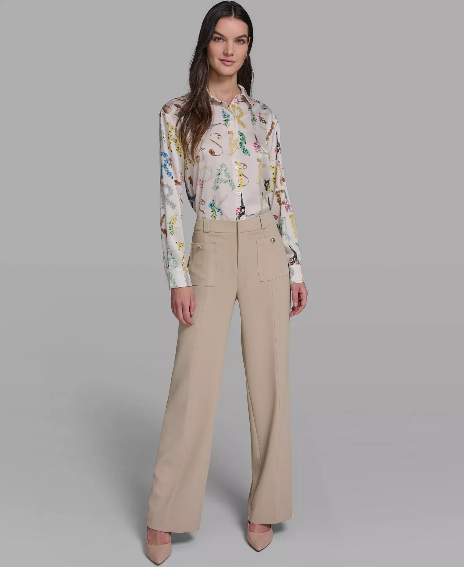 Women's Allover Print Button-Down Long-Sleeve Top - Bisque/panna Cotta Multi - L