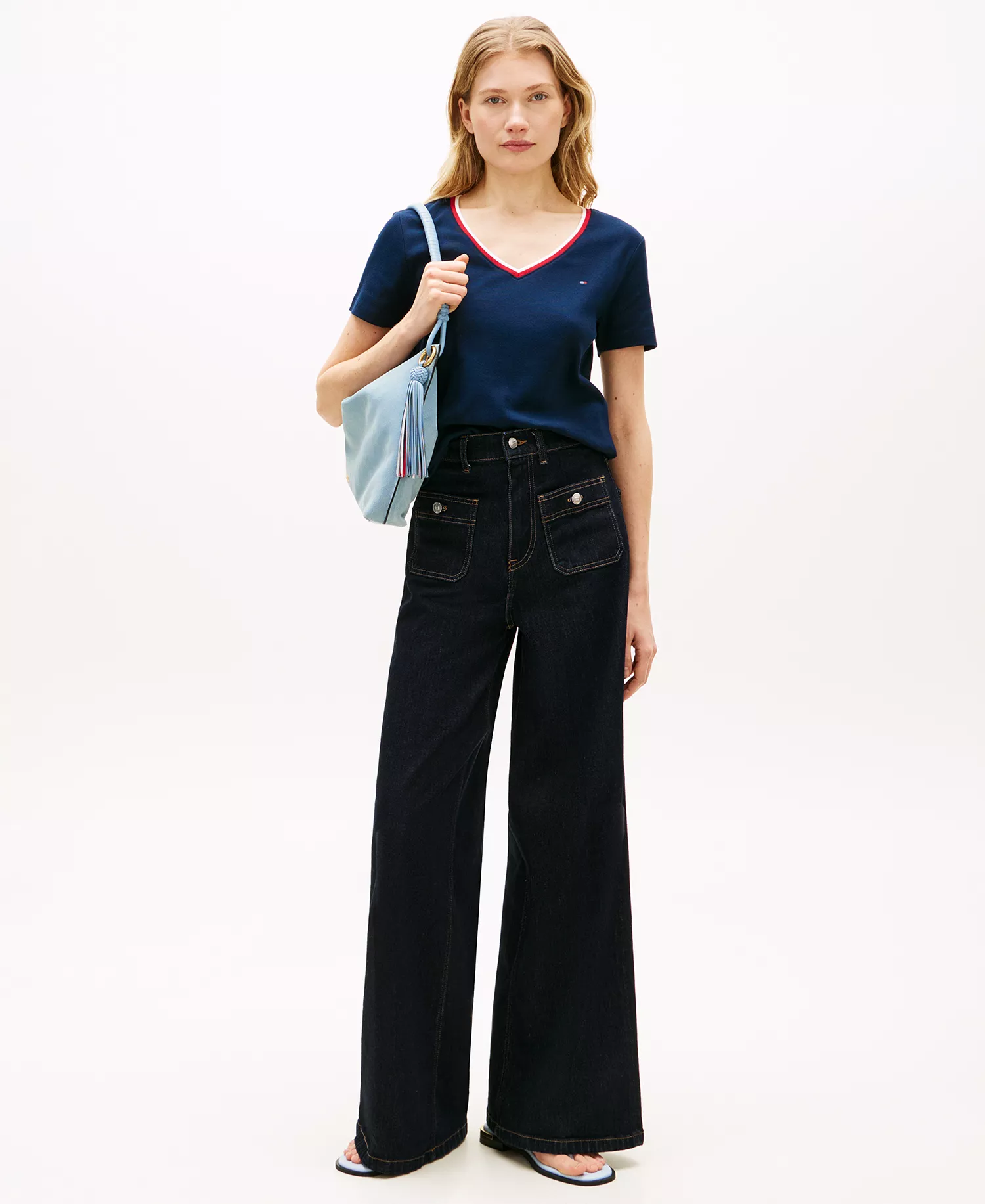 Women's Stripe Slim V-Neck Short-Sleeve T-Shirt - Dark Night Navy - L