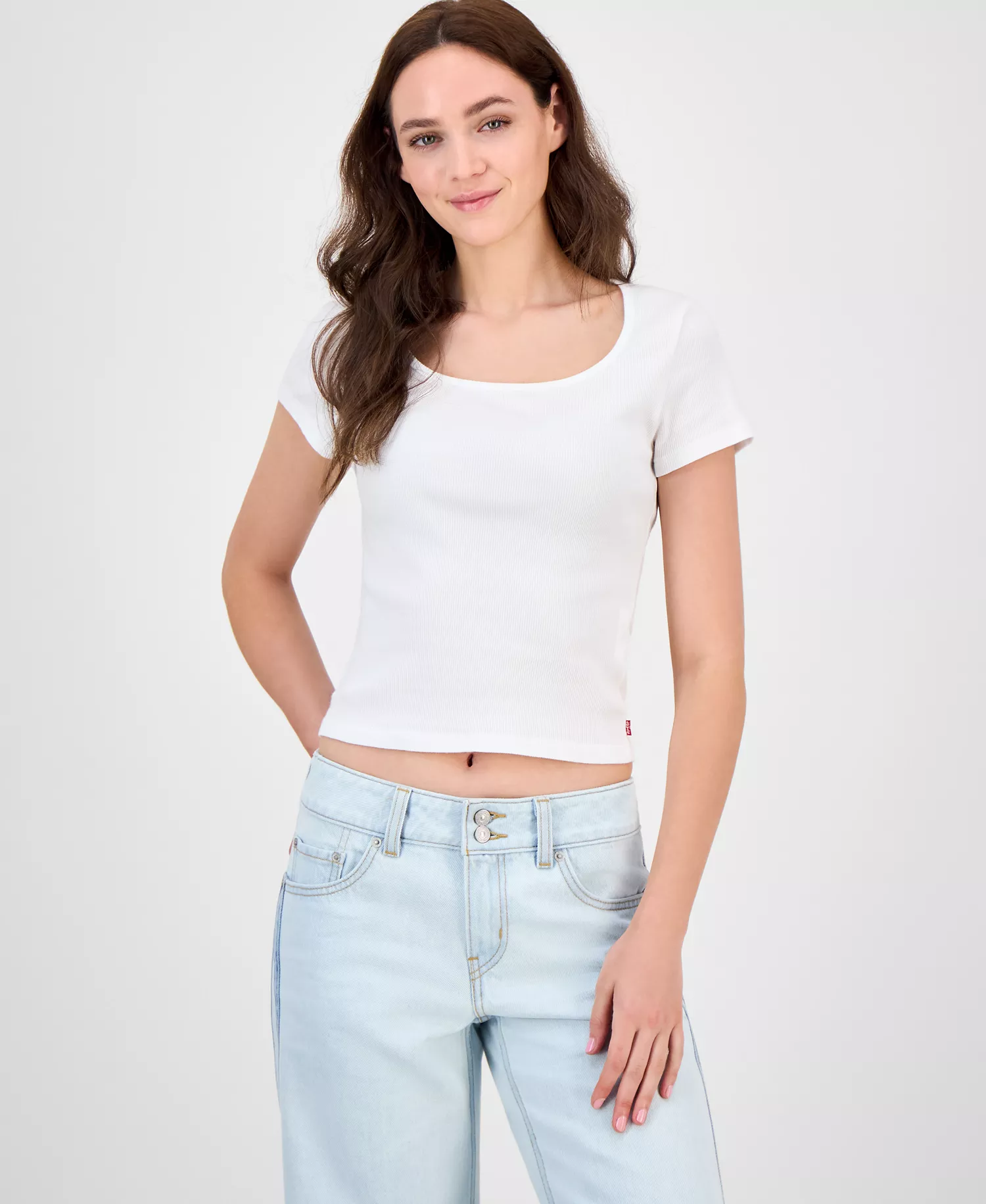 Premium Women's Cotton Rib-Knit Square-Neck Tee - Bright White - L