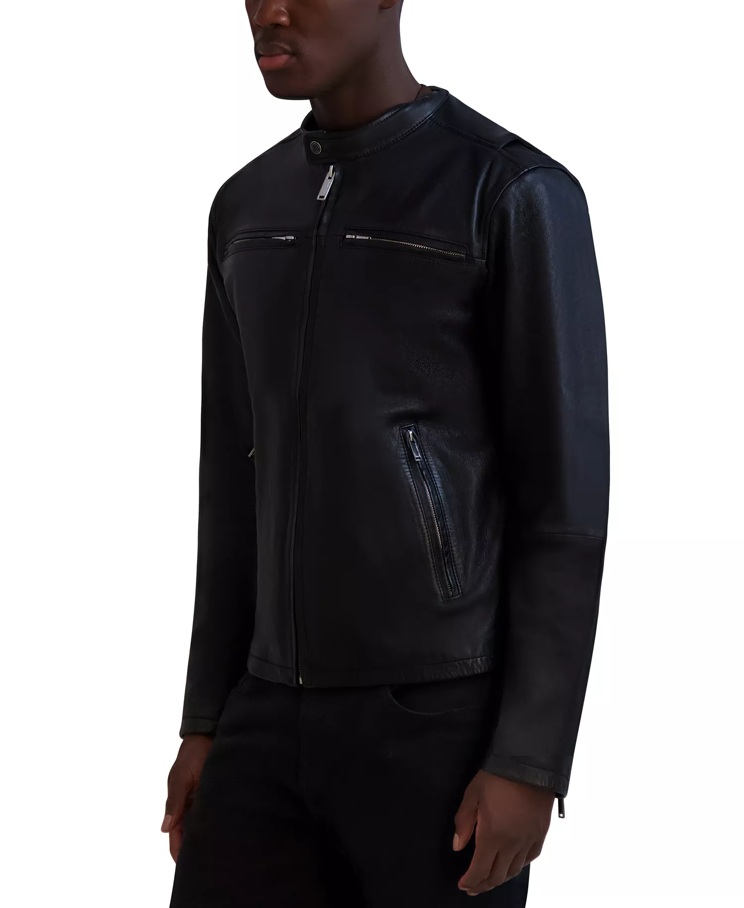 Paris Men's Band-Collar Distressed Leather Jacket - Black - 2XL