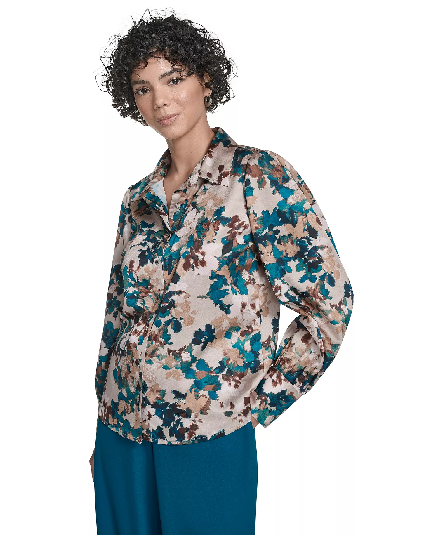 Petite Printed Long Sleeves Top - Latte Multi - P/S