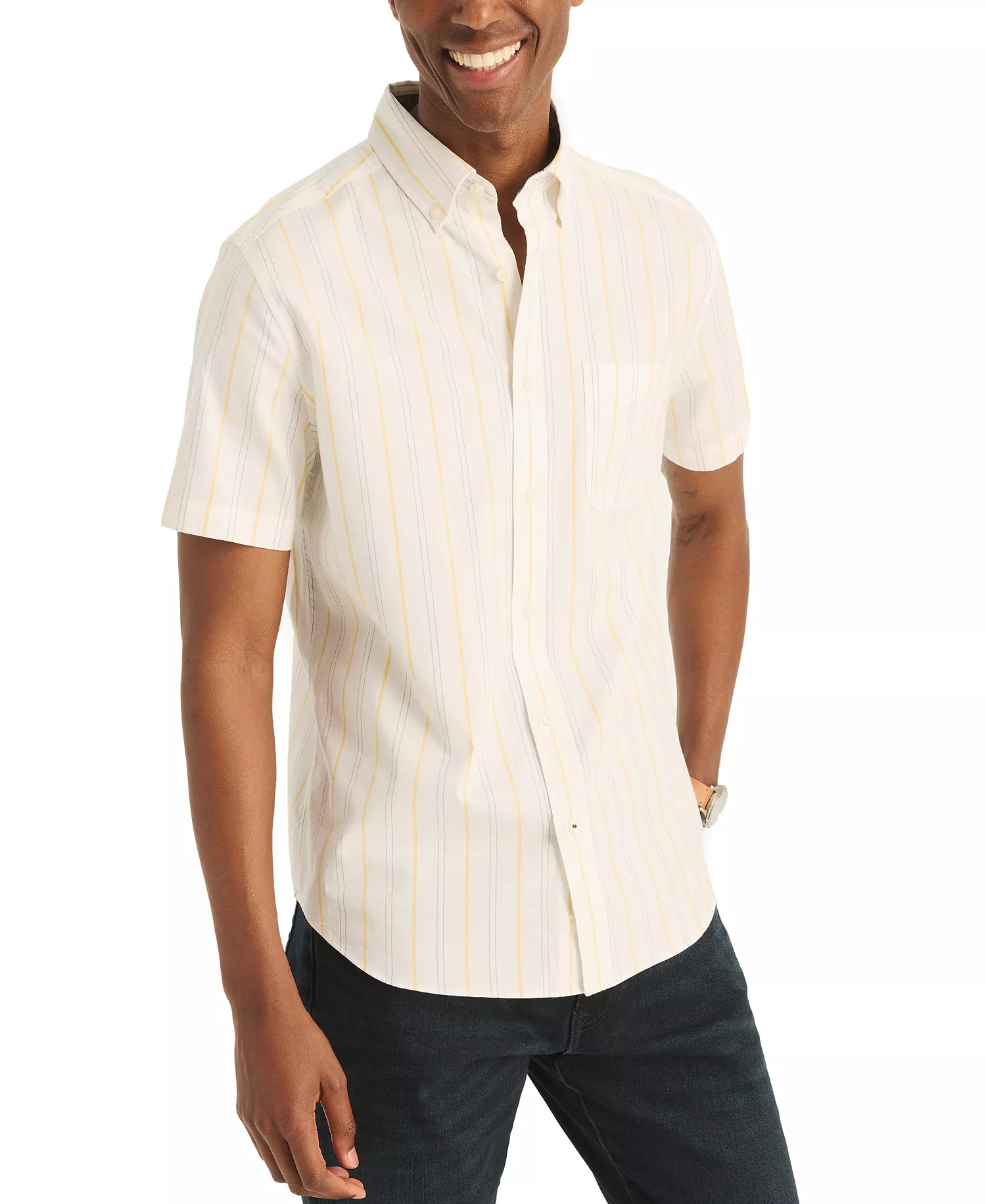 Men's Short Sleeve Button Front Striped Shirt - Bright White - L
