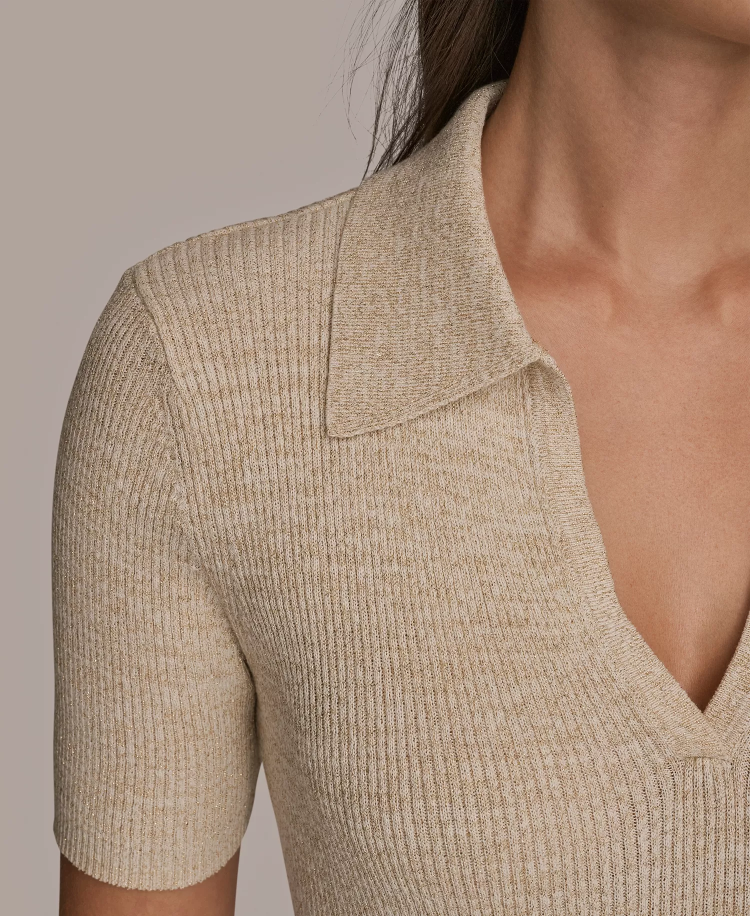 Women's Cotton Rib Elbow Sleeve Polo Sweater - Cream/gold - L