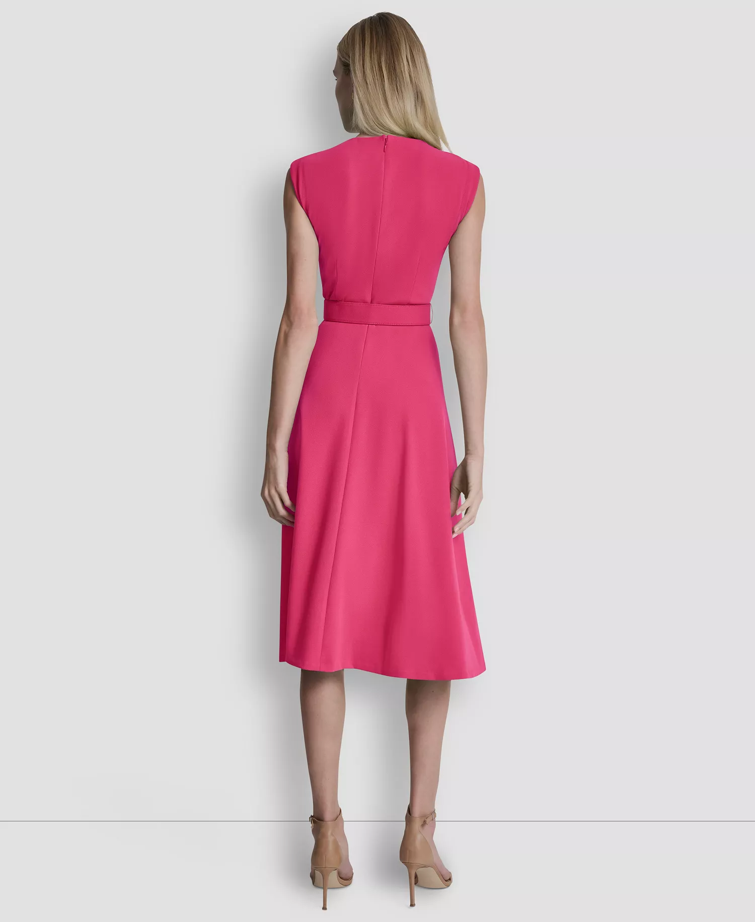 Women's V-Neck Belted Dress - Hot Pink - 10