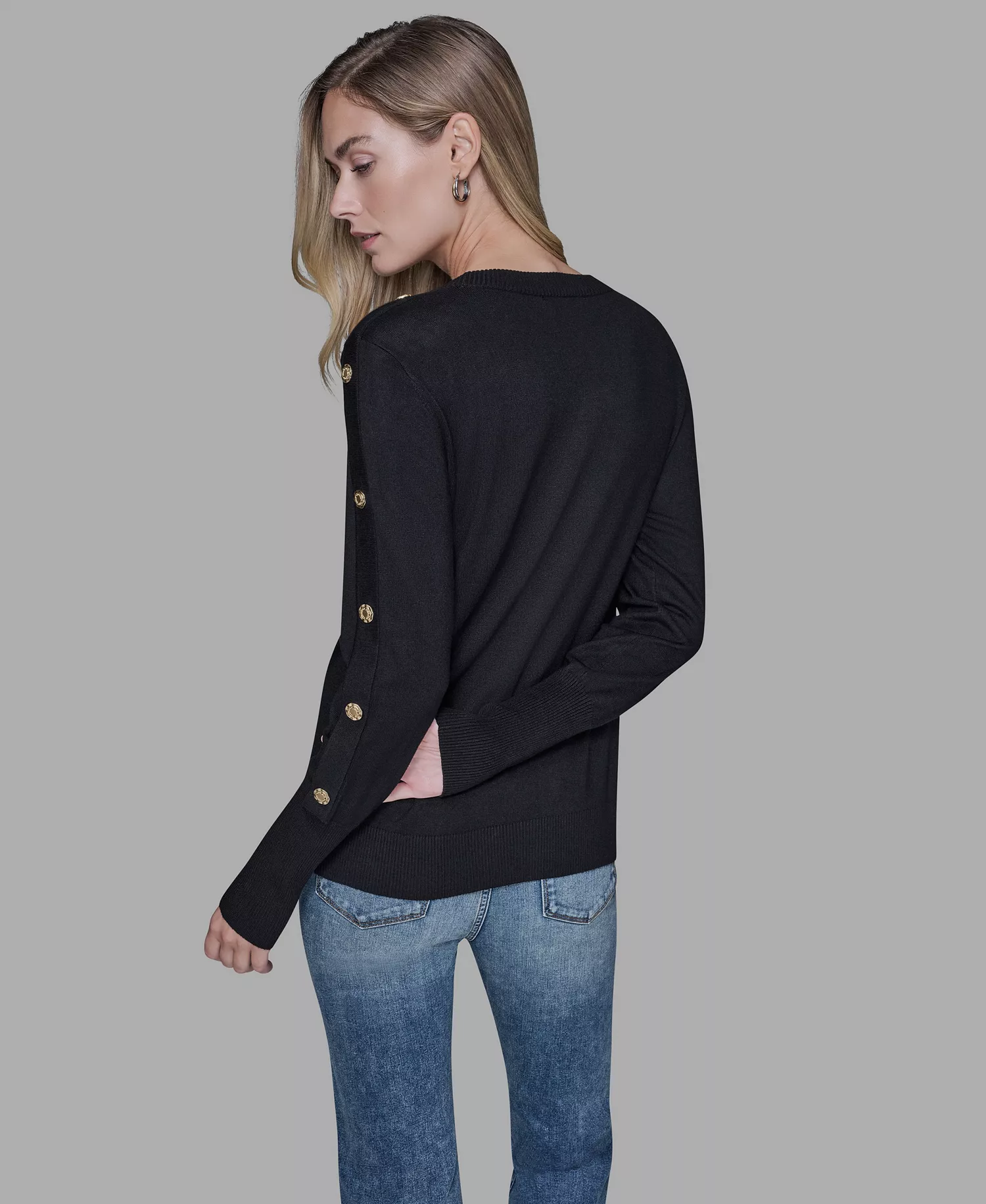 Women’s Black Button-Detail Crewneck Sweater - Black - S