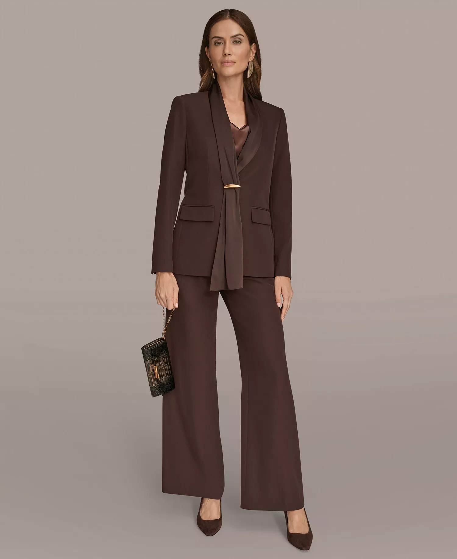 Womens Mixed Media Draped Neck Blazer, Regular & Petite - Chocolate Plum - 12P