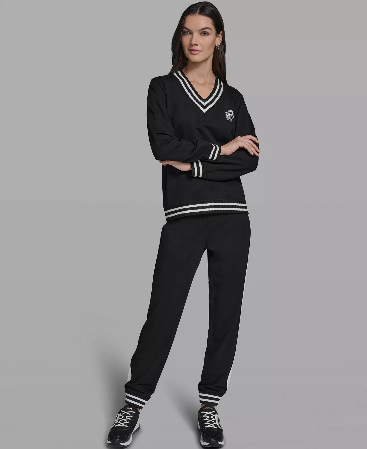 Women's Karl and Choupette V-Neck Knit Top - Black - L