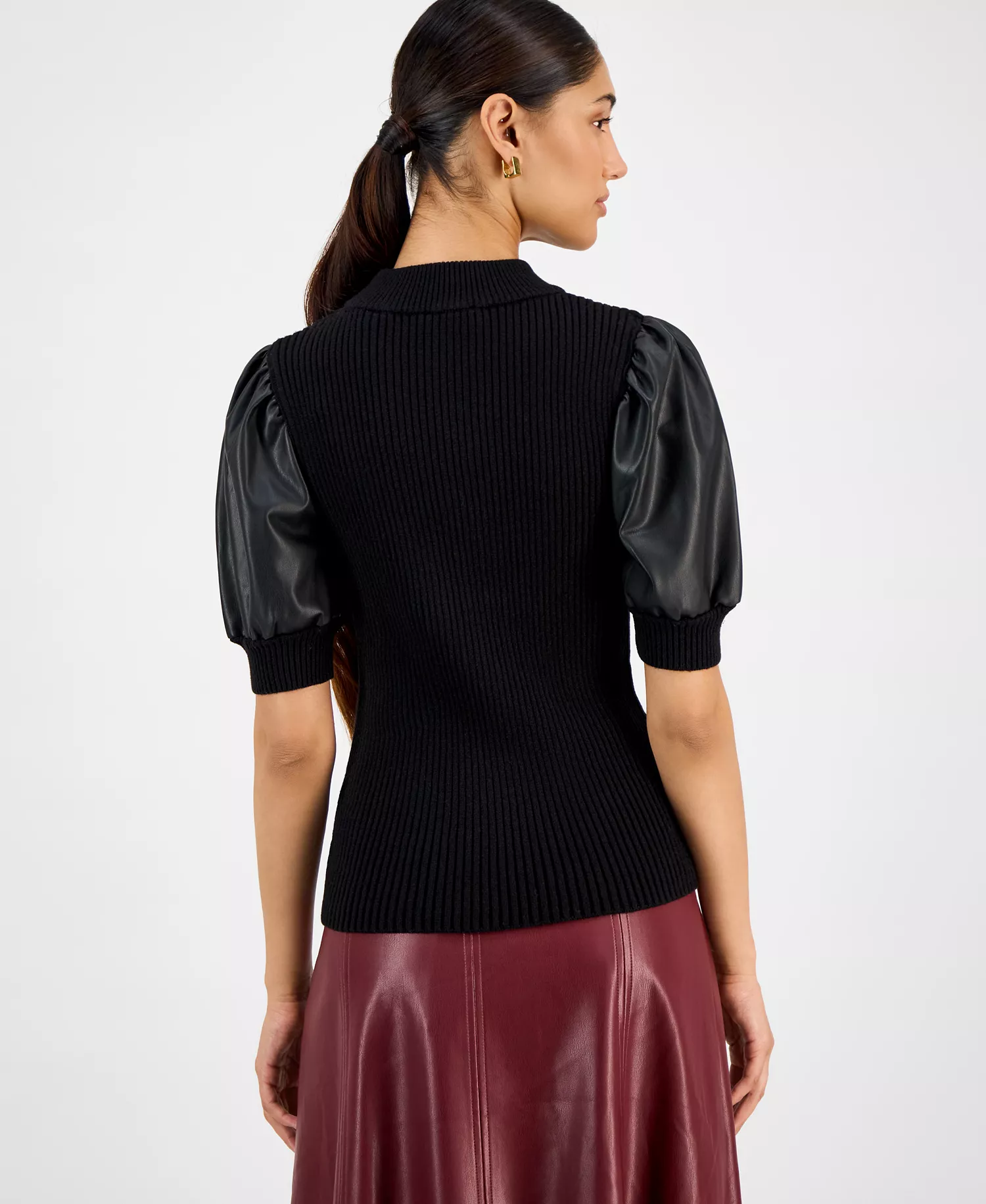 Women's Ribbed Faux-Leather-Sleeve Top - Black - L
