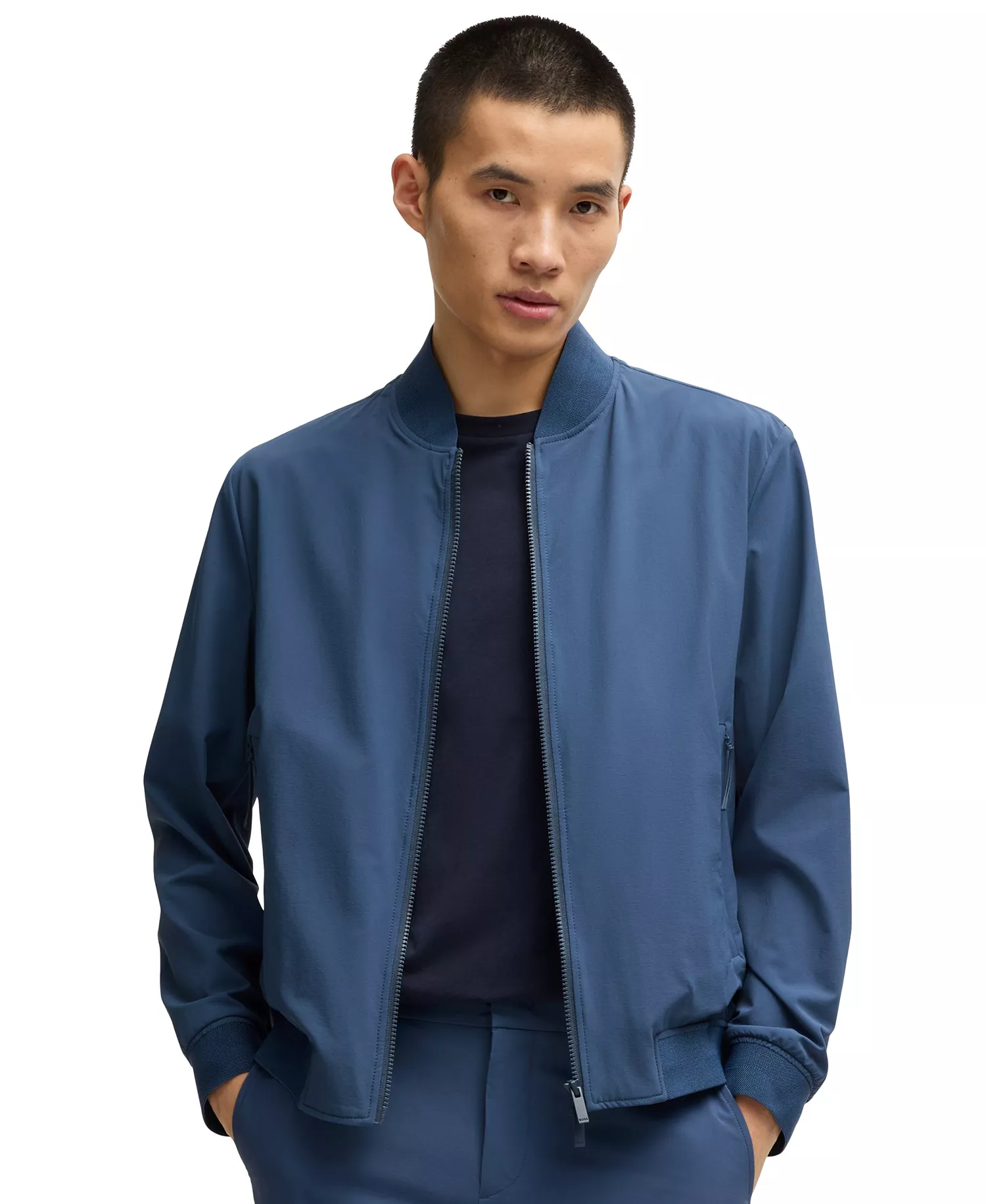 Men's Knitted Trim Slim-Fit Blouson Jacket - Open Blue - 38R