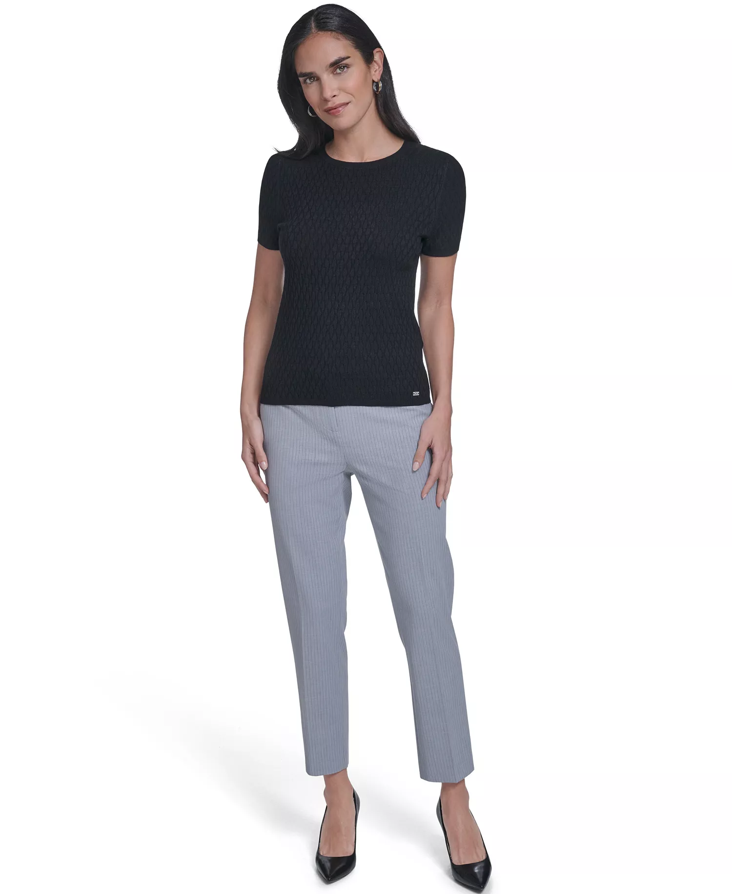 Women's Short-Sleeve Textured Sweater - Black - L