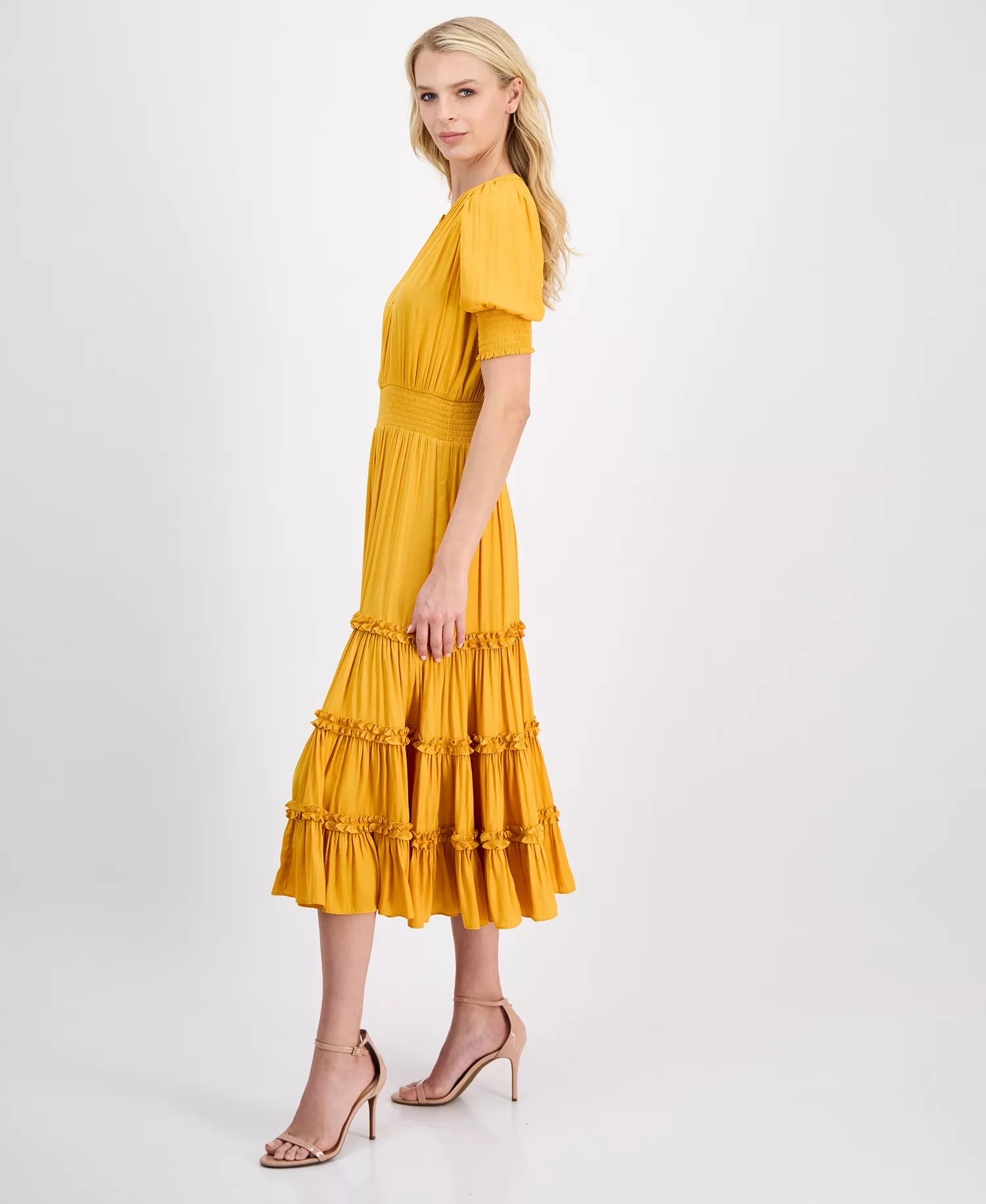 Women's Puff-Sleeve Tiered Midi Dress - Sunset Blaze - L