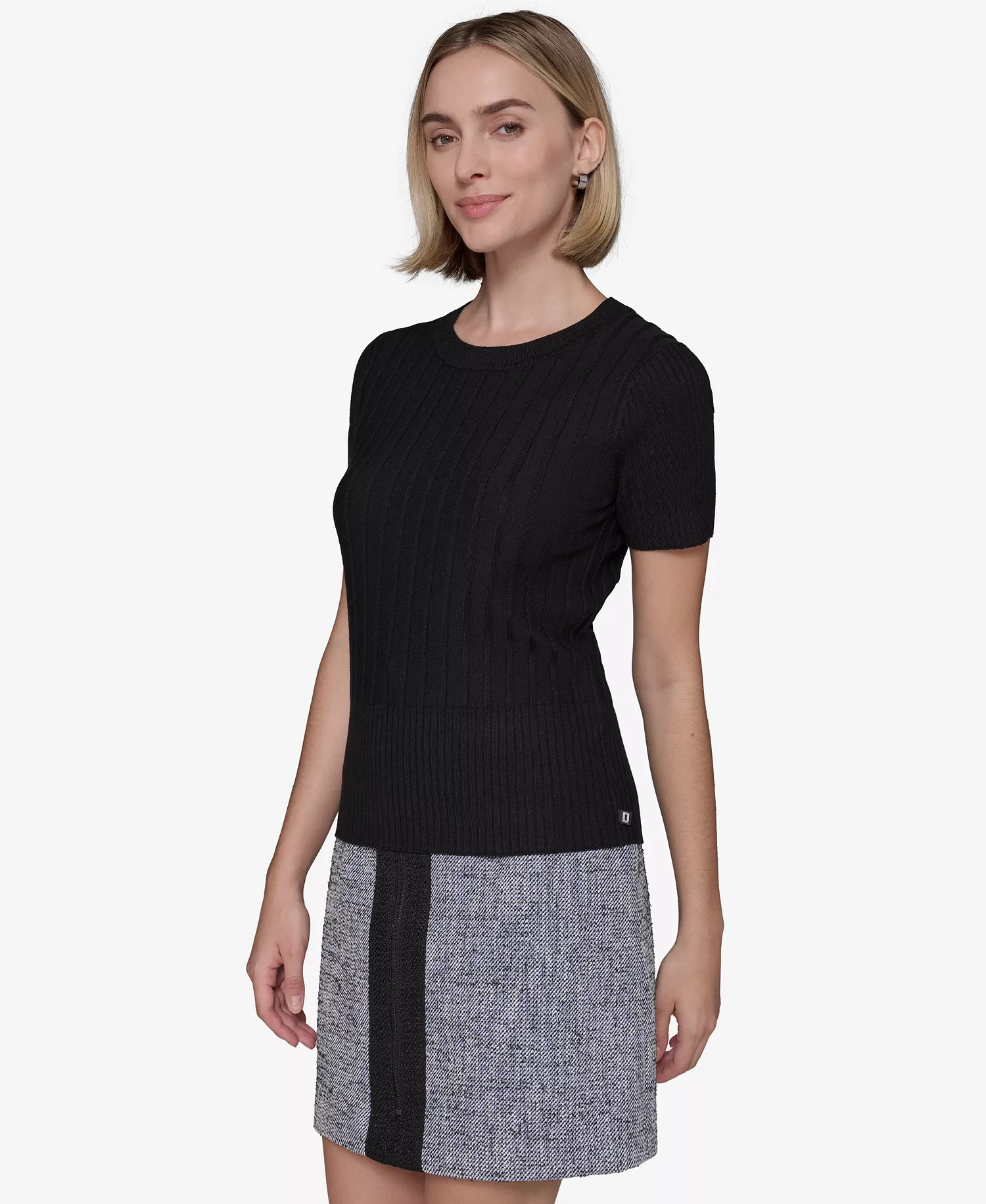 Women's Ribbed Short-Sleeve Sweater  - Black - L