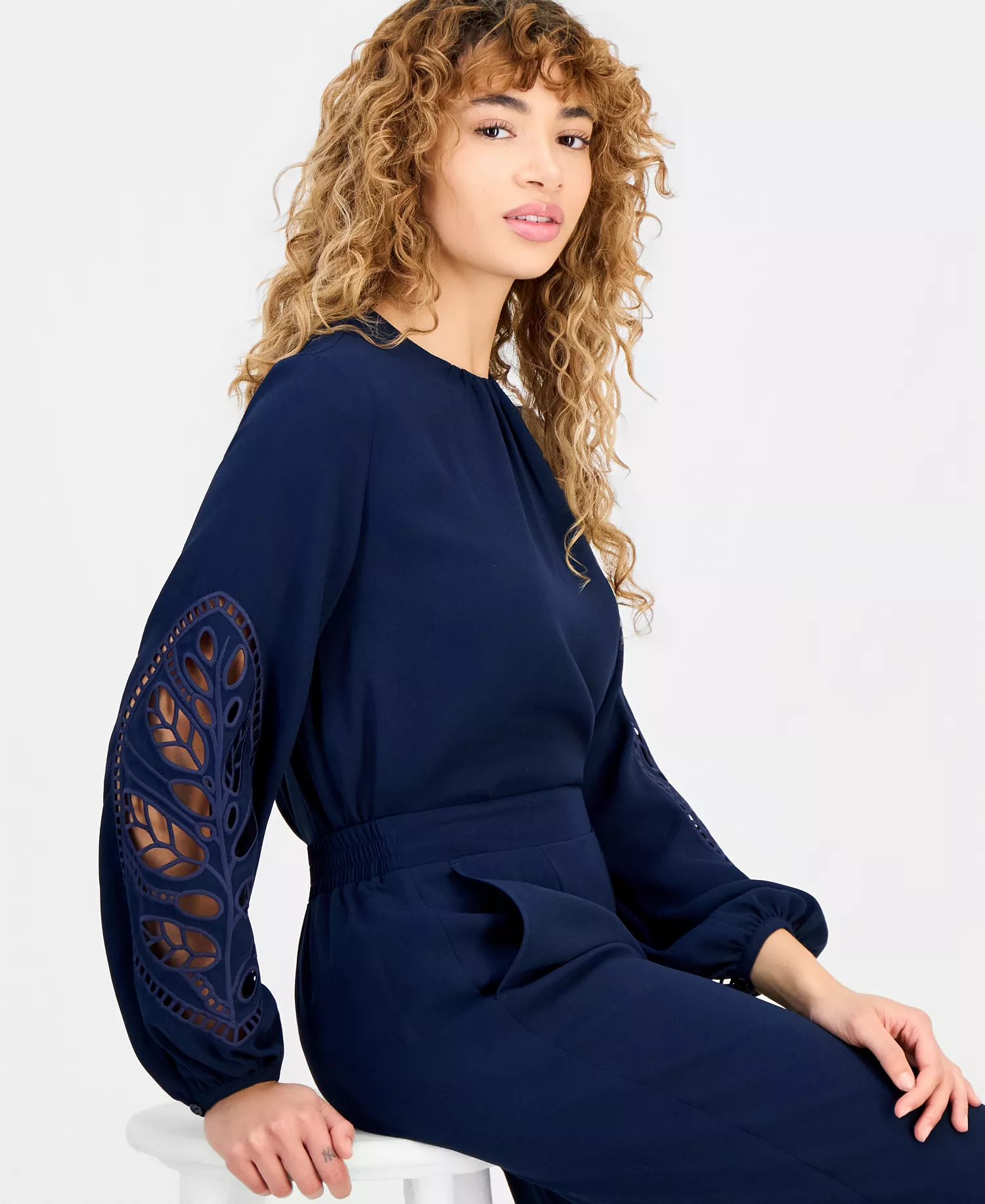 Women's Embroidered-Sleeve Crewneck Blouse - Navy - L