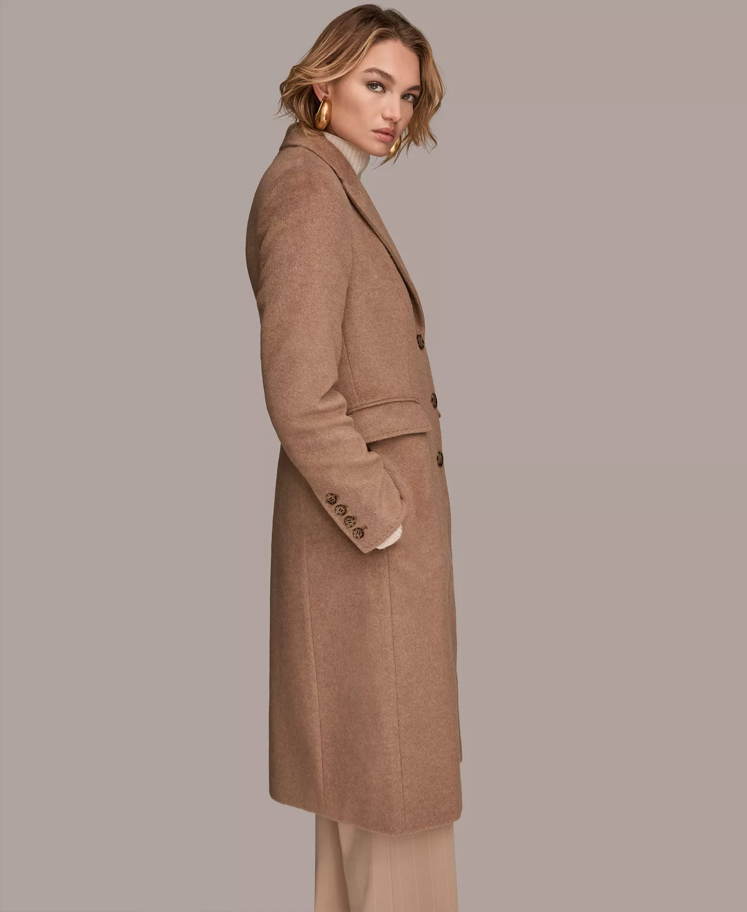 Women's Single-Breasted Stitch Trimmed Coat - Camel - L