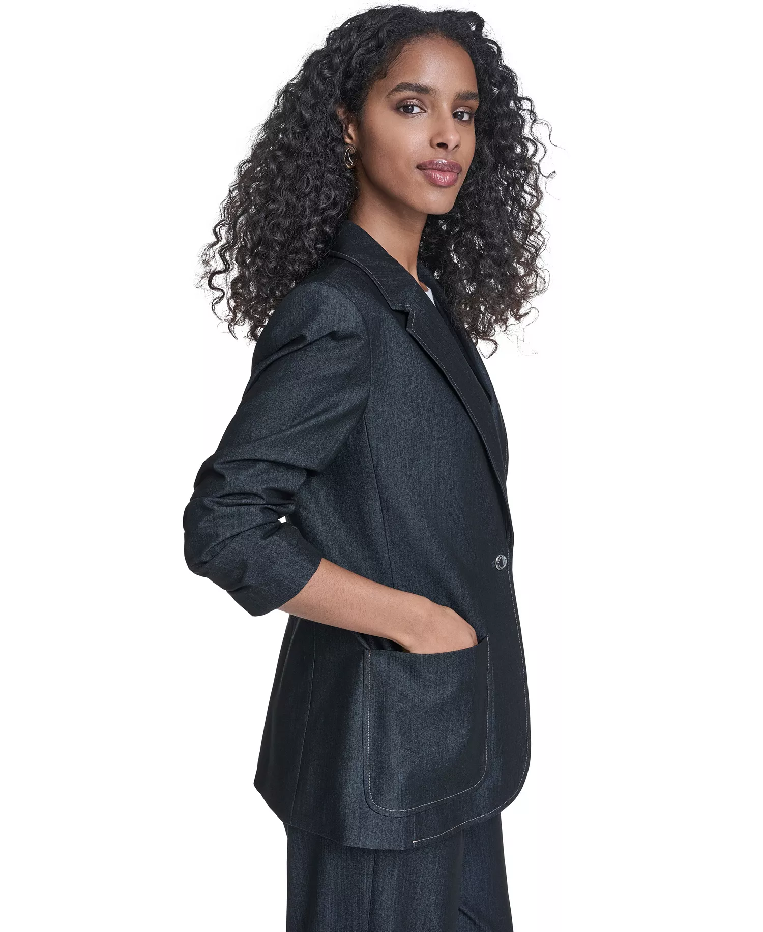 Women's Faux Denim 3/4-Sleeve Jacket, Denim Wide Leg Pants, and Textured Short-Sleeve Sweater - Indigo - 10