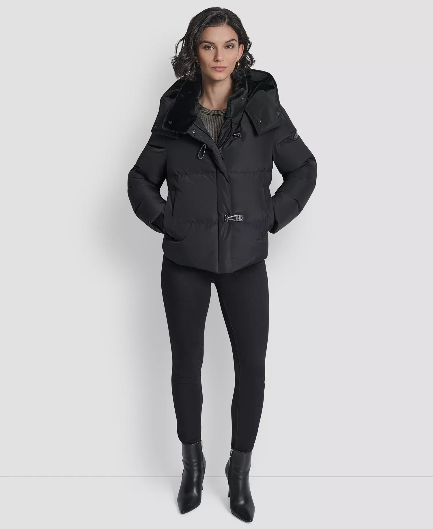 Women's Shirt Toggle Hooded Puffer Coat - Black - L
