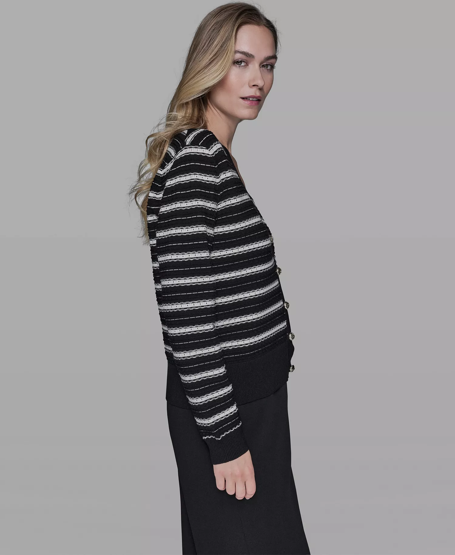 Women's Pointelle Stripe V-Neck Cardigan Sweater - Black/Bisque - L