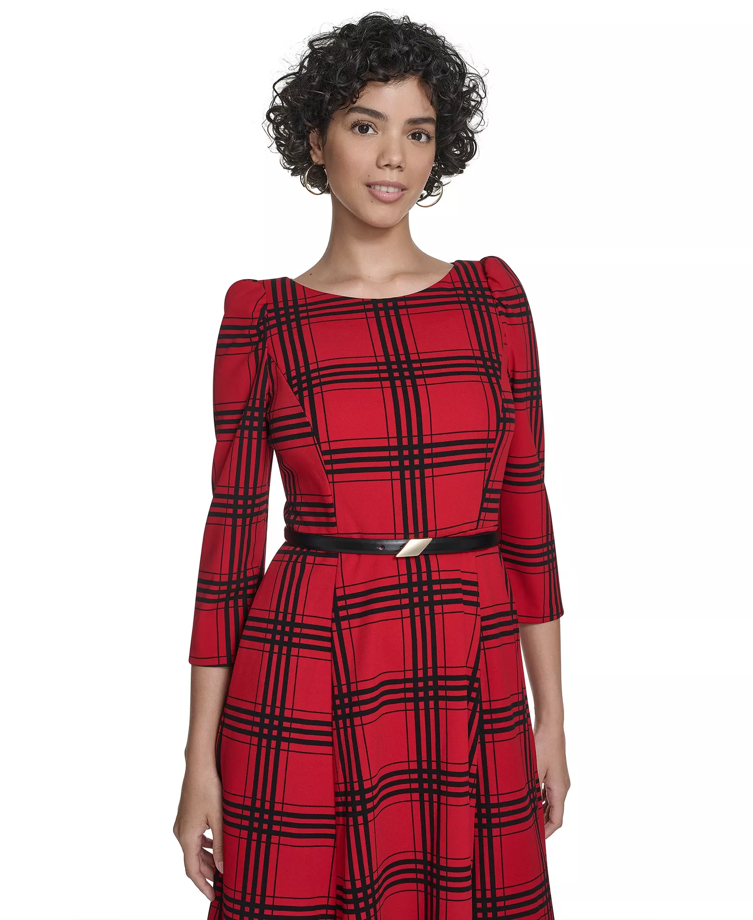 Women's 3/4-Sleeve Plaid Midi Dress - Medium Red - 10