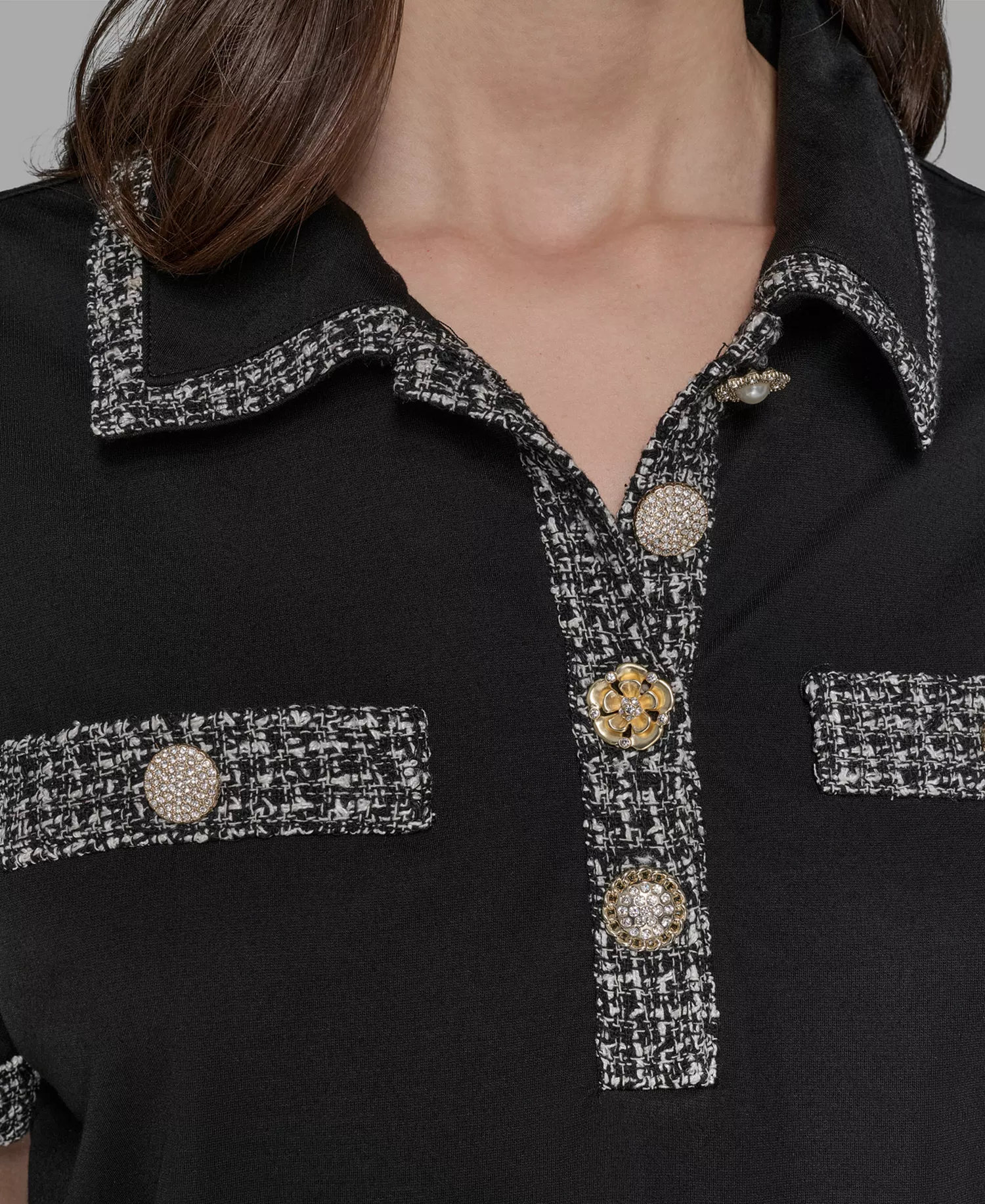 Women's Short Sleeve Tweed Trim Knit Top - Black - L