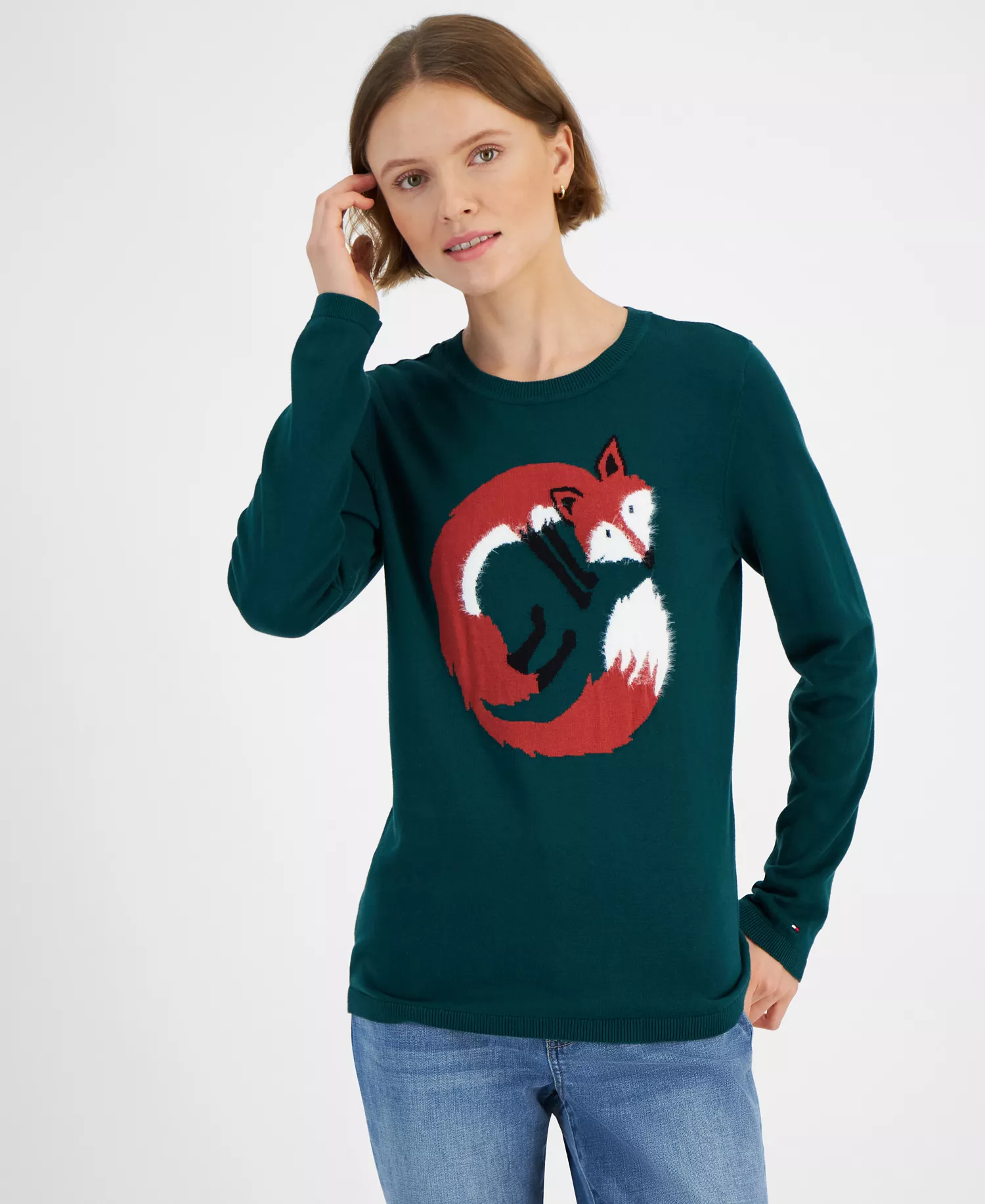 Women's Cotton Graphic Crewneck Sweater - Forest - Fox - M